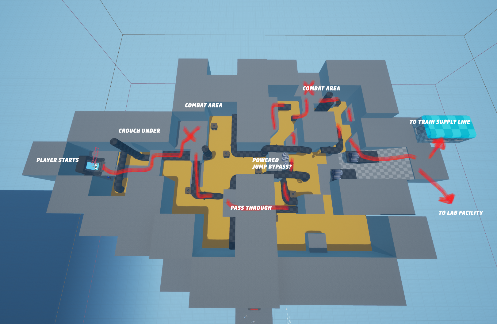  Early level blockout in editor to establish the scale and various combat spaces for one of the zones in Bunker.  