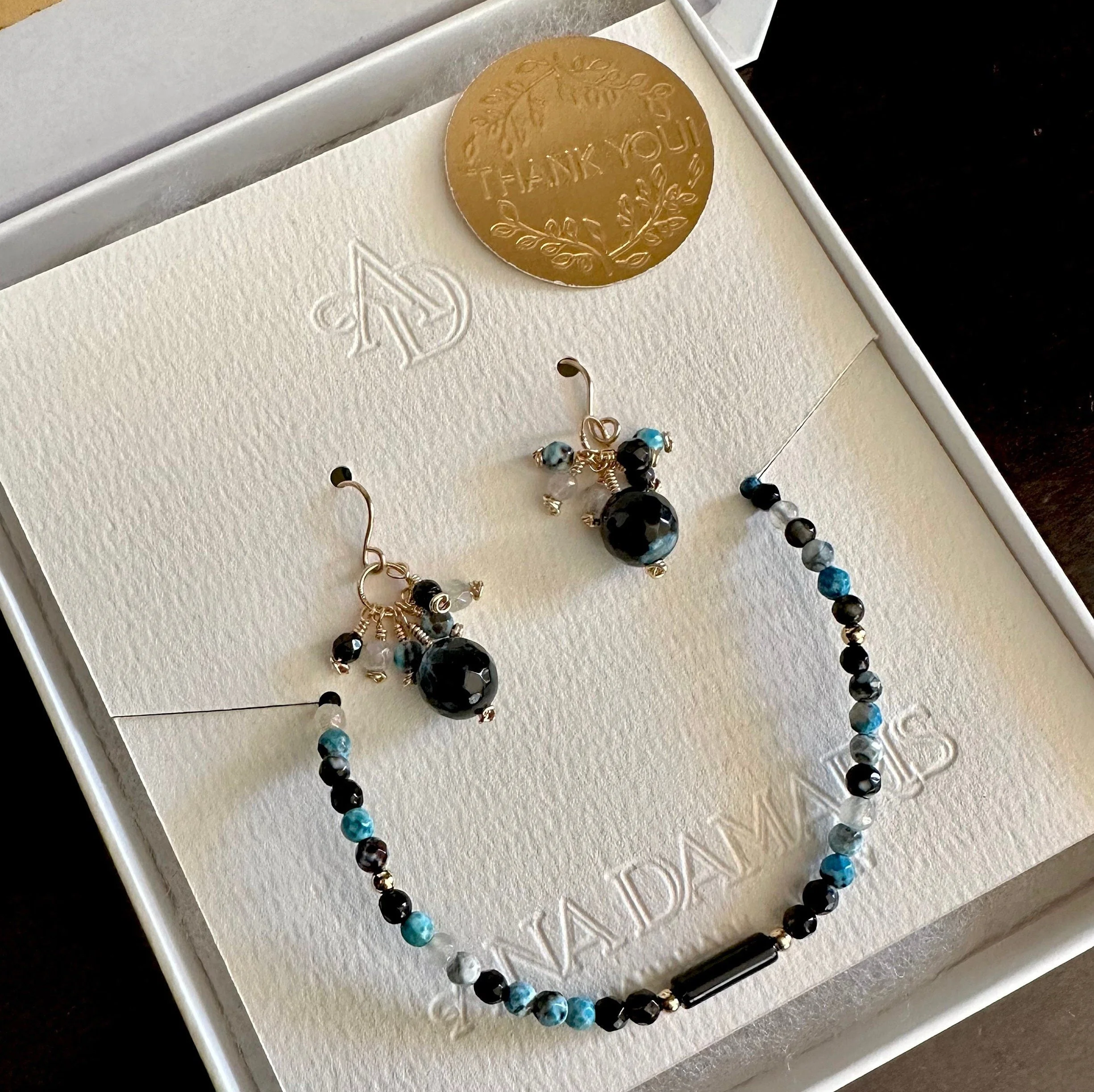 fire agate blue black beaded gemstone necklace in gift box