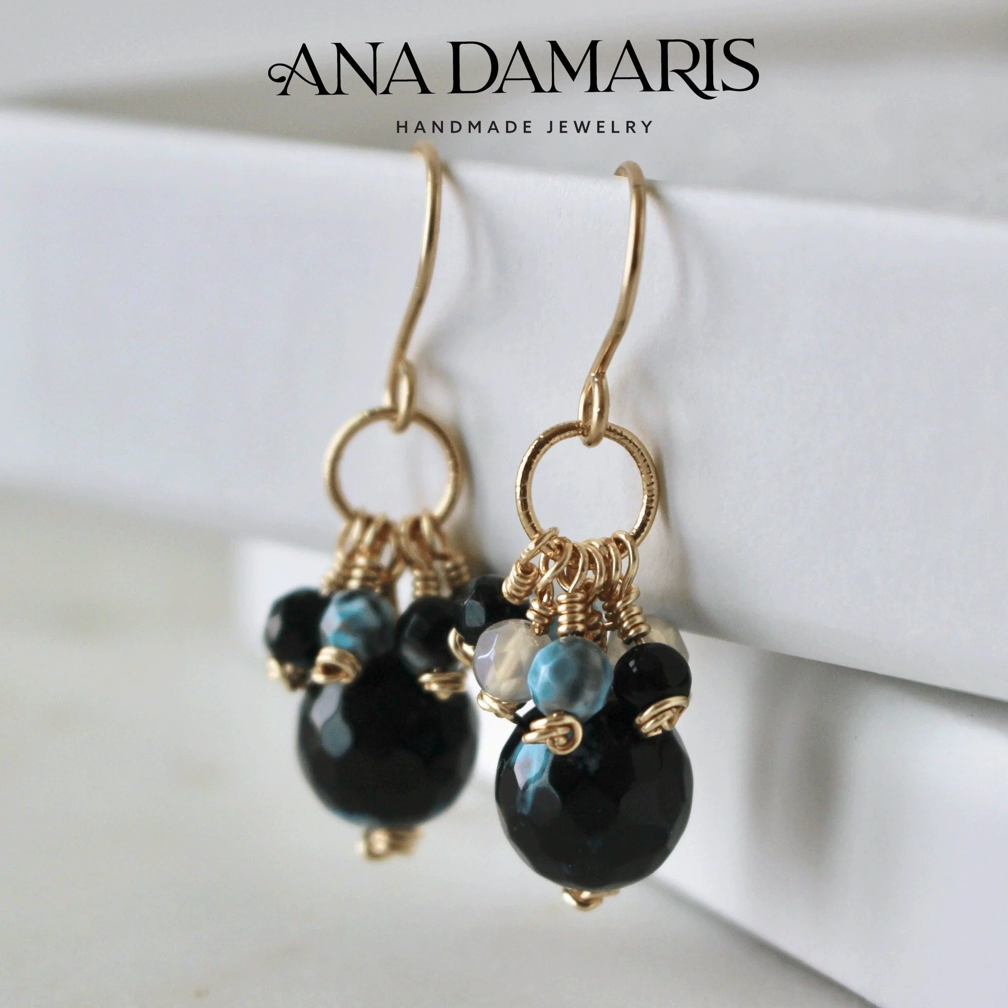 drop earrings in 14k gold filled wire wrapped with single fire blue agate gemstone