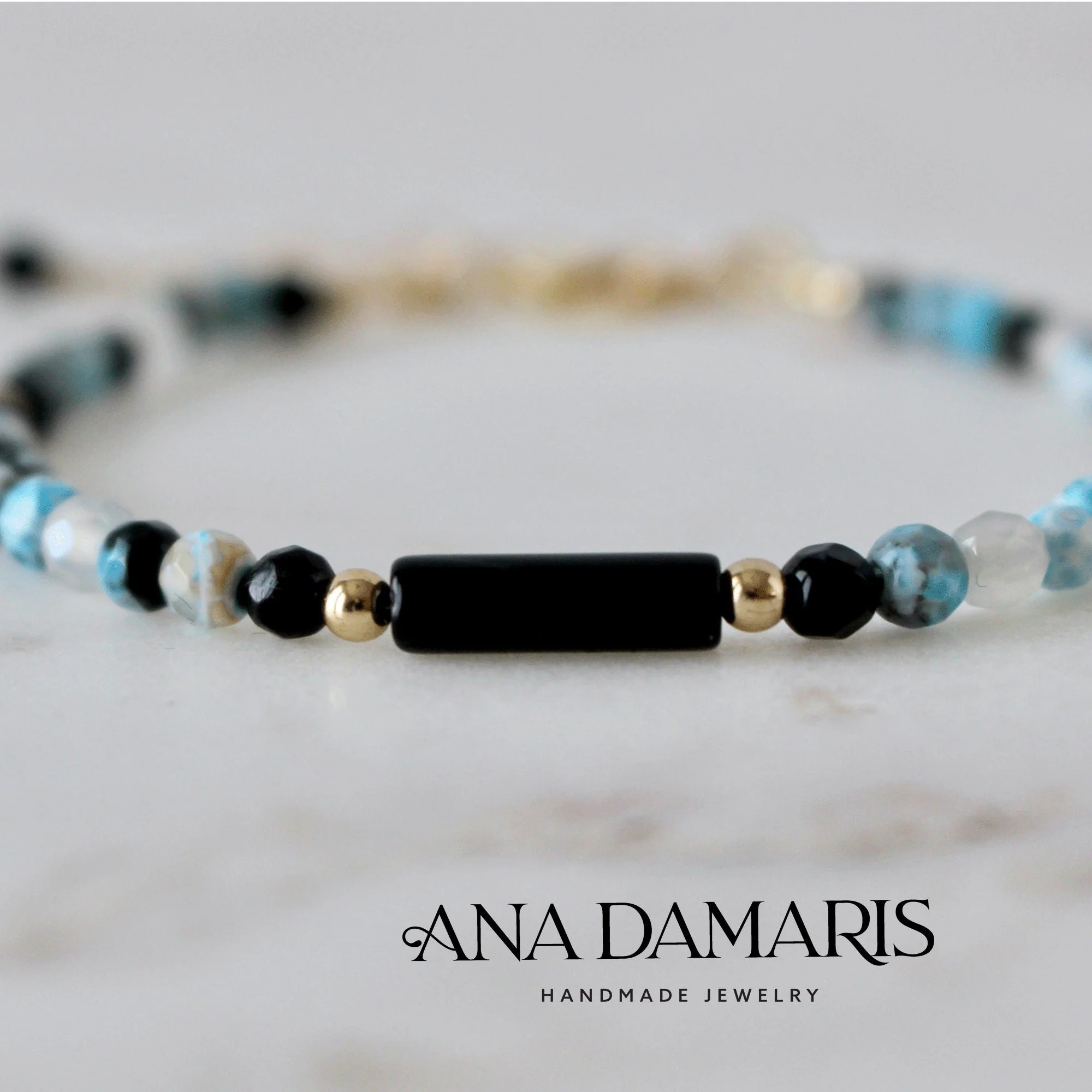 Fire Blue/Black Agate Gemstone Tube Beaded Bracelet / Chalcedony Agate 14k Gold Filled