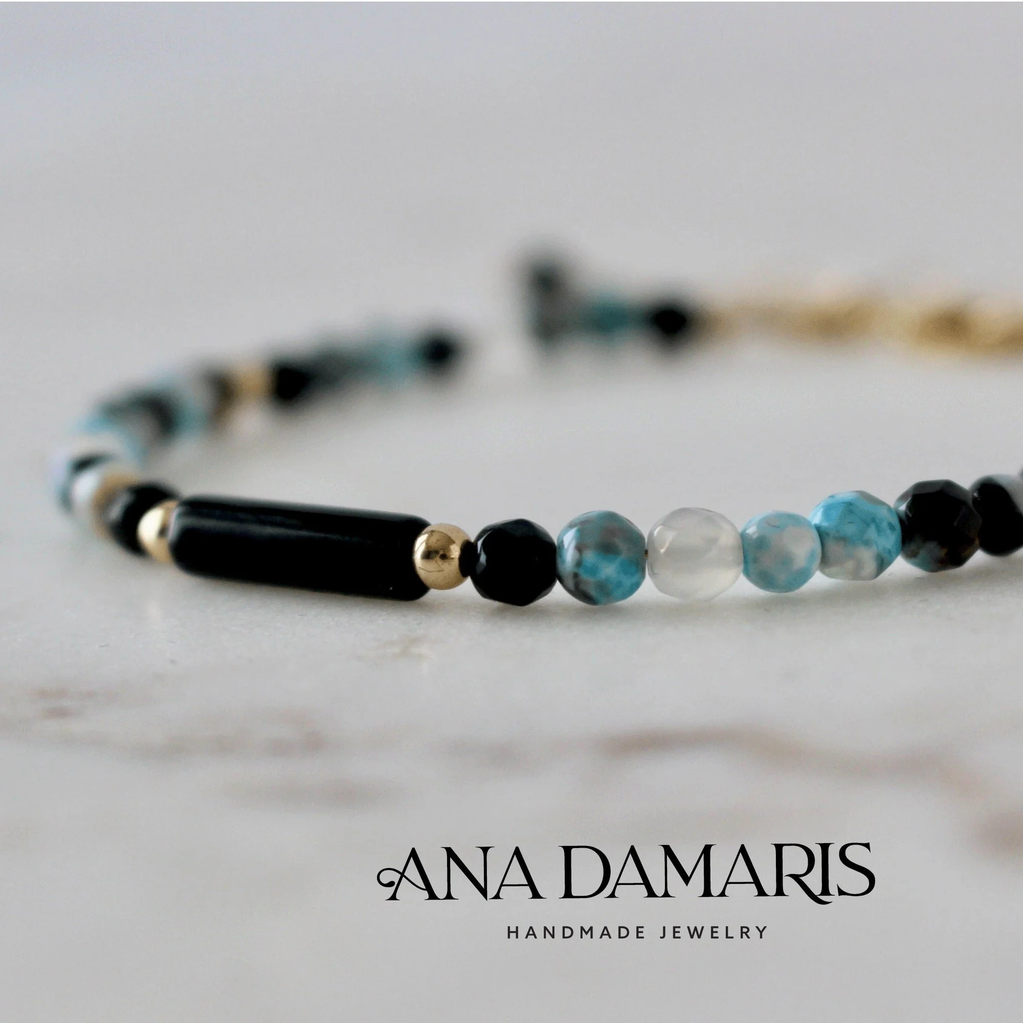 Fire Blue/Black Agate Gemstone Tube Beaded Bracelet / Chalcedony Agate 14k Gold Filled