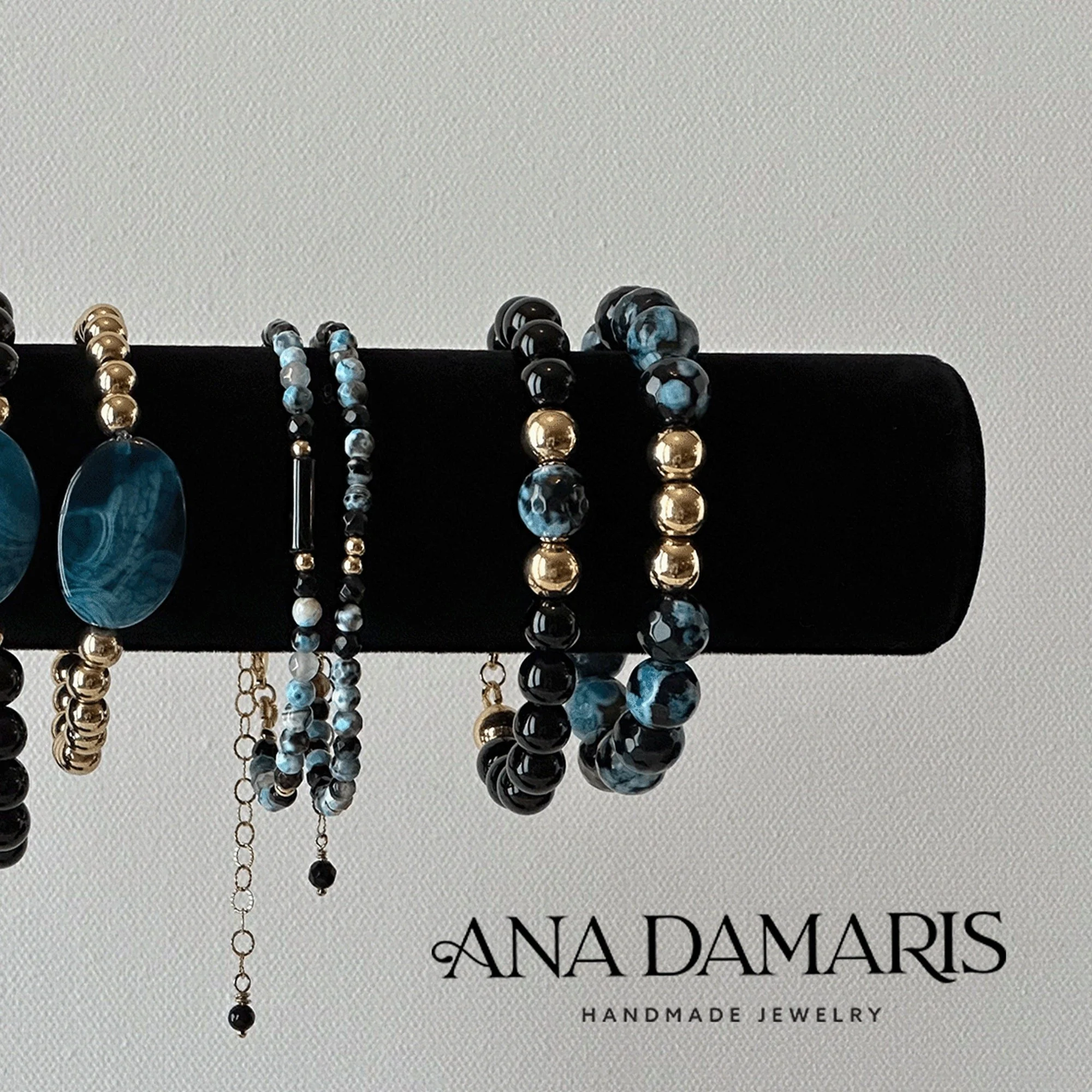 Fire Blue/Black Agate Gemstone Tube Beaded Bracelet collection / Chalcedony Agate 14k Gold Filled