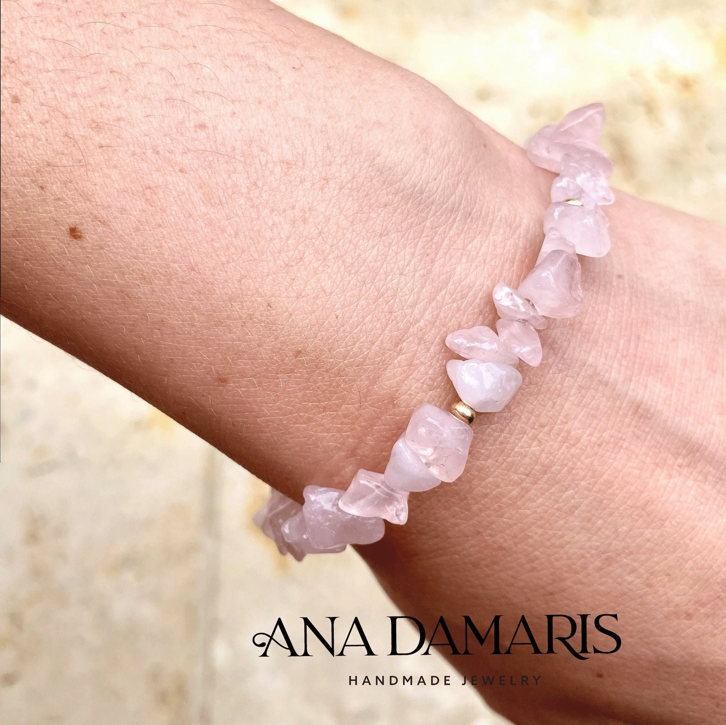 Natural Rose Quartz chip bead adjustable bracelet, 14k Gold filled chain, Dainty, Pink