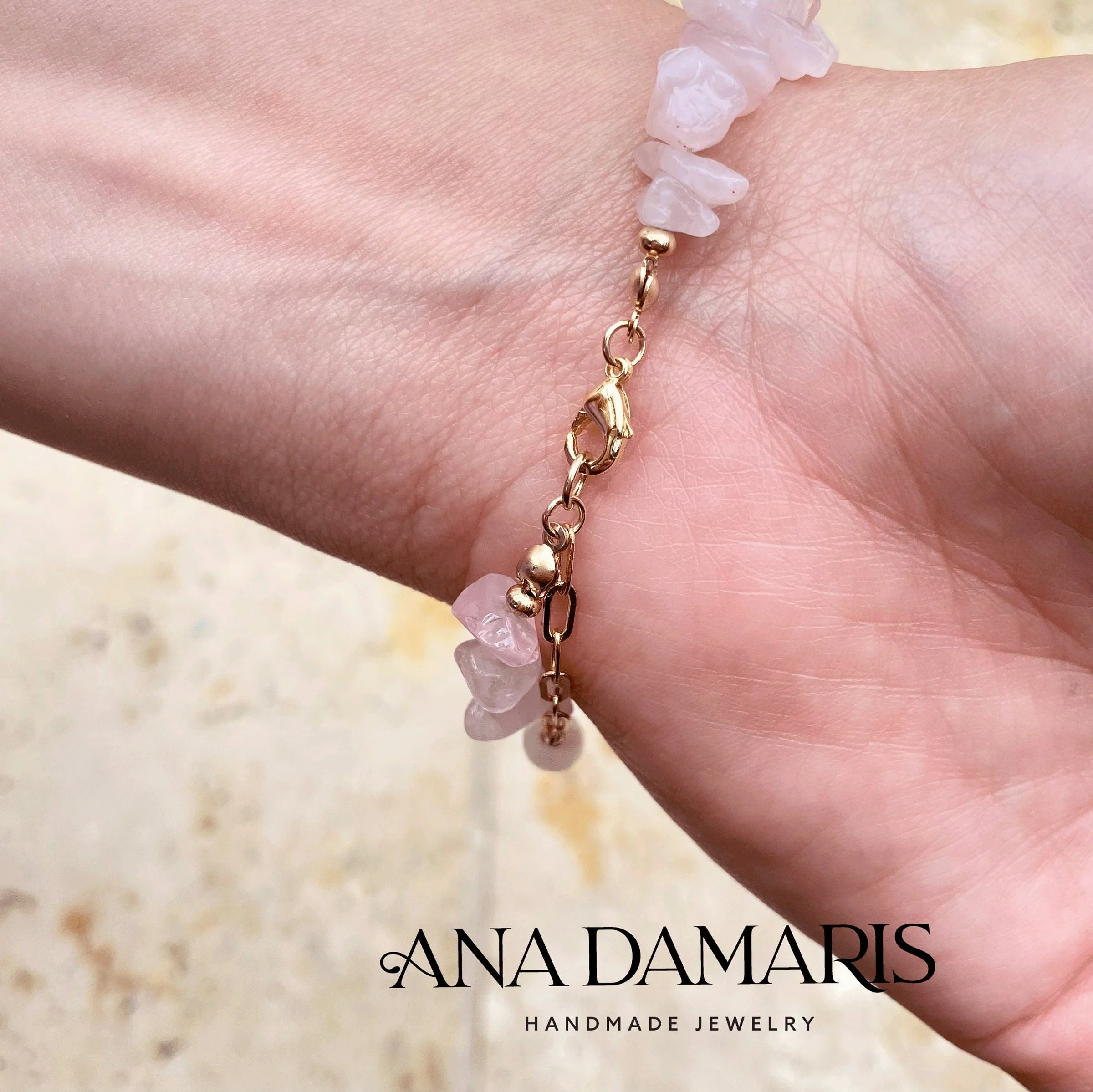 Natural Rose Quartz chip bead adjustable bracelet, 14k Gold filled chain, Dainty, Pink