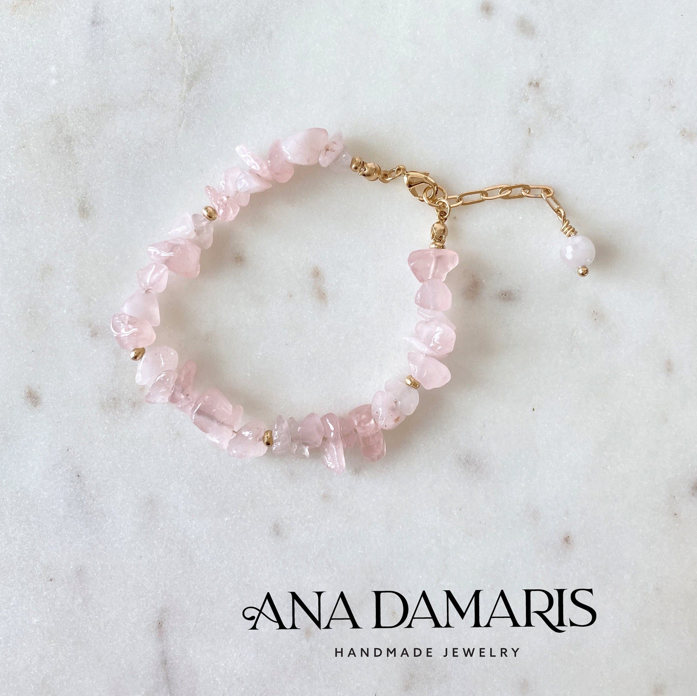 Natural Rose Quartz chip bead adjustable bracelet, 14k Gold filled chain, Dainty, Pink