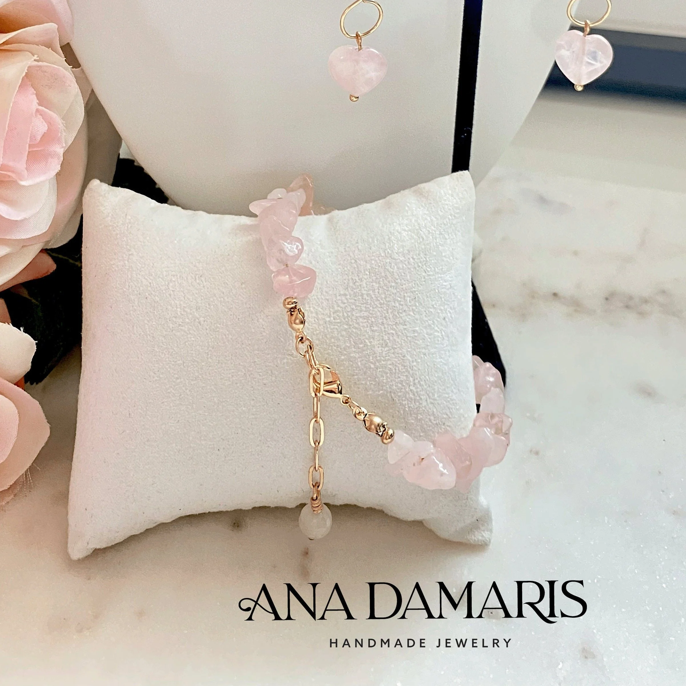 Natural Rose Quartz chip bead adjustable bracelet, 14k Gold filled chain, Dainty, Pink