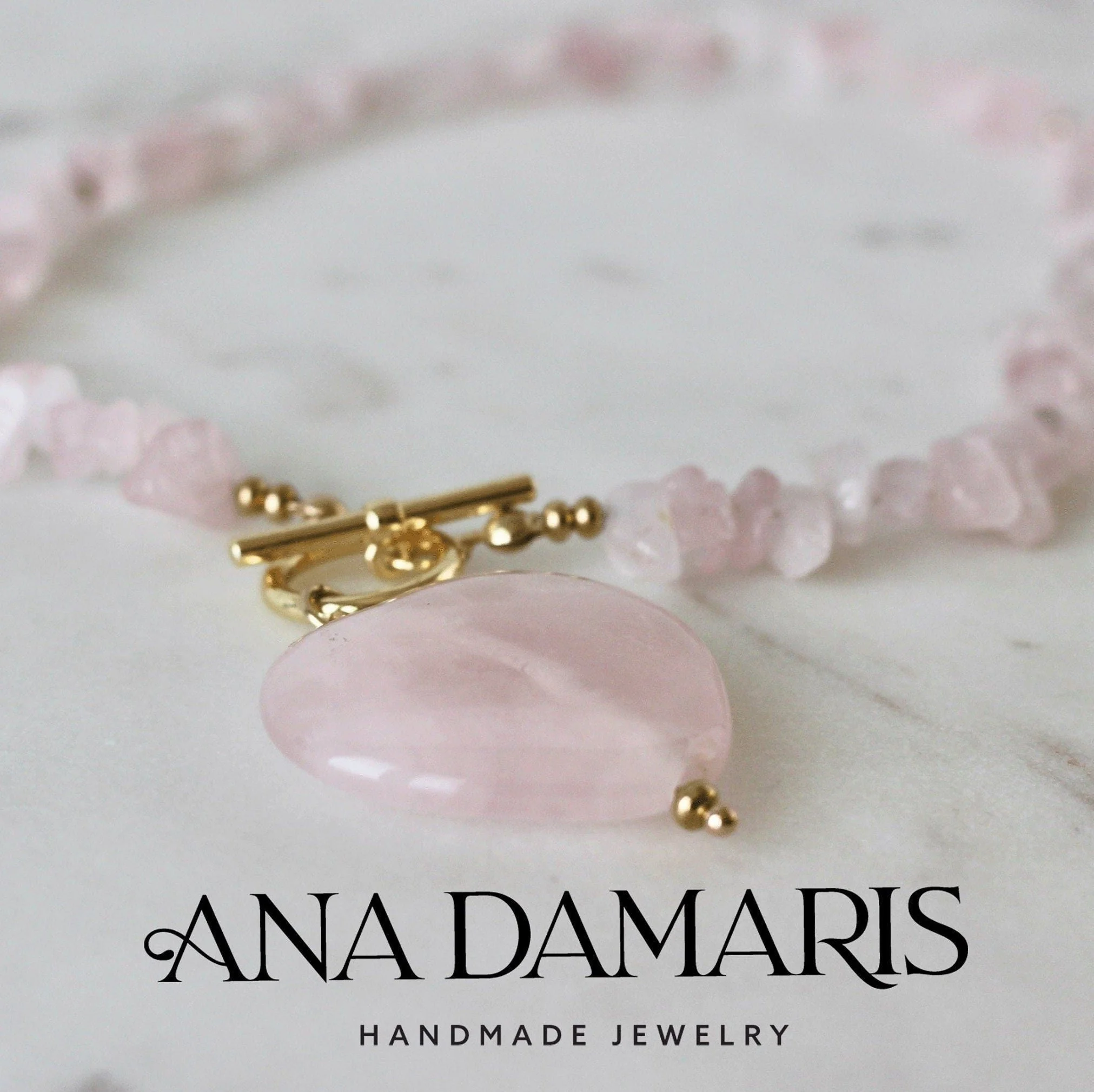 Rose Quartz Chip Statement Necklace, Rose Quartz Heart / 14k Gold Filled, Large Toggle Clasp