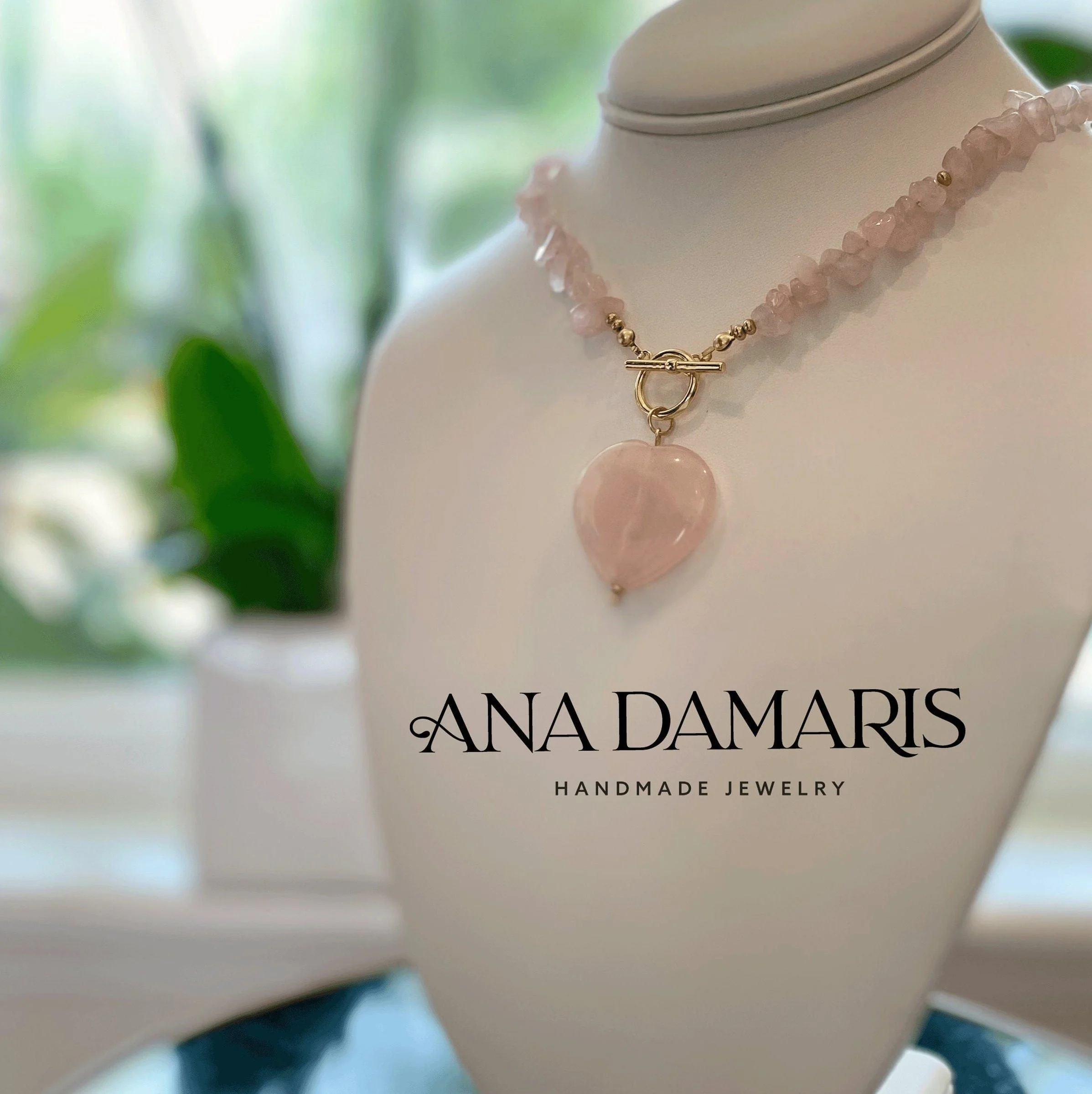 Rose Quartz Chip Statement Necklace, Rose Quartz Heart / 14k Gold Filled, Large Toggle Clasp