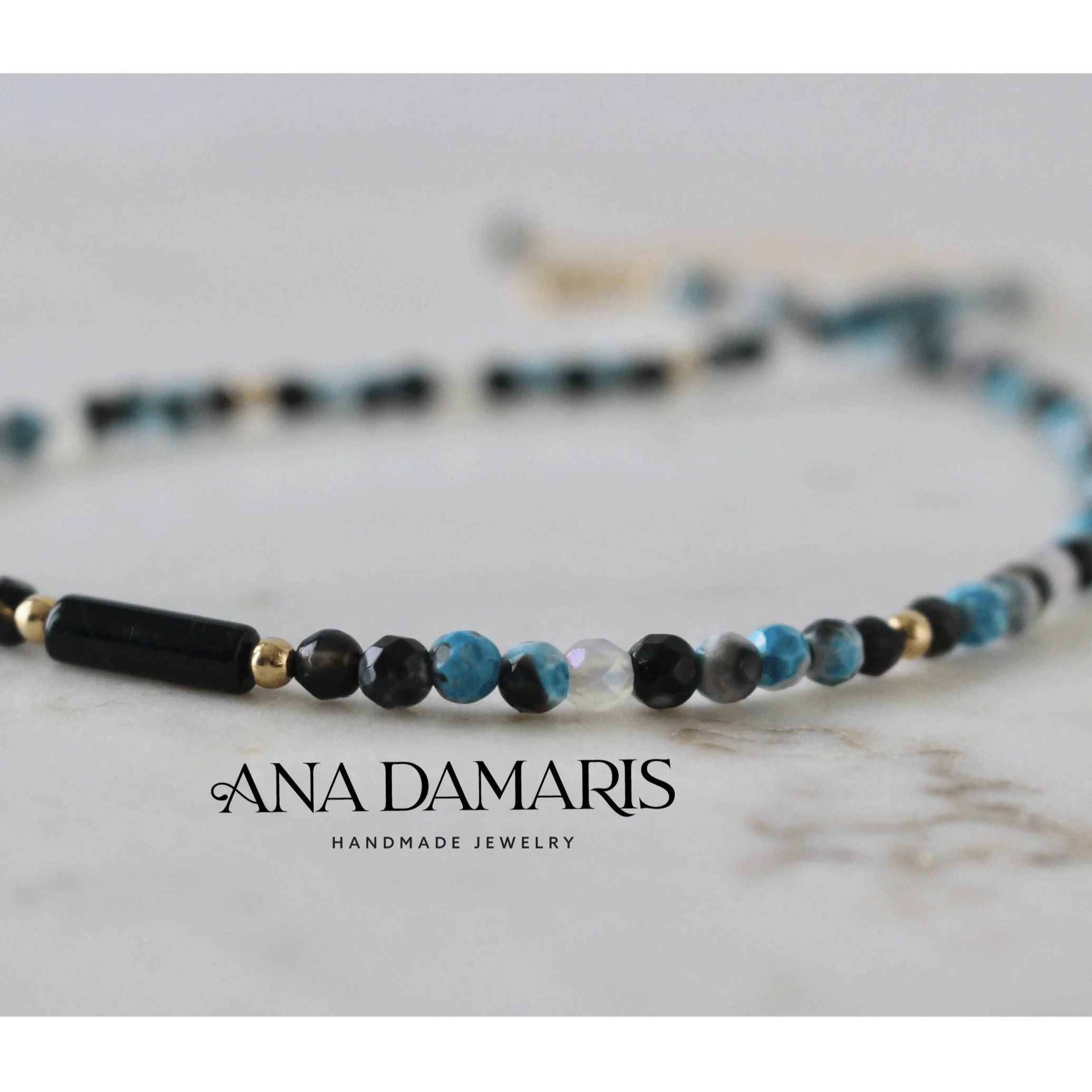 fire agate blue black beaded gemstone necklace