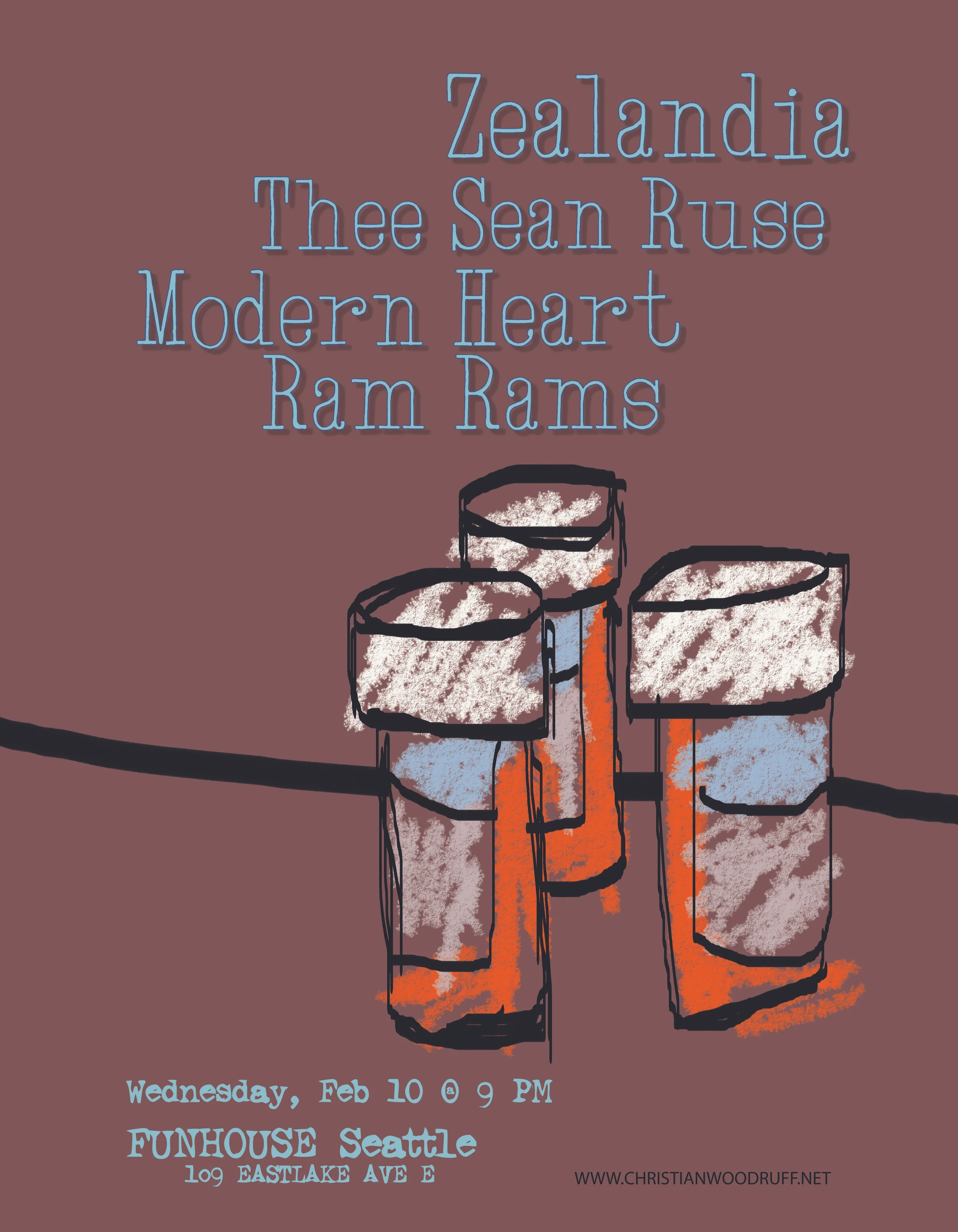 Show Flyer: Zealandia, Thee Sean Ruse, Modern Heart, Ram Rams