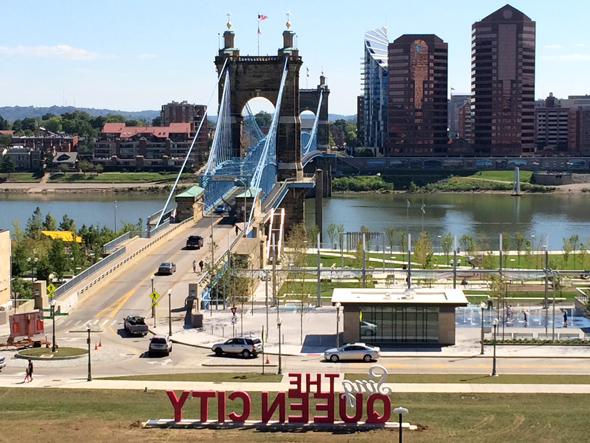 View of the Roebling Suspension Bridge into Kentucky from the Underground Railroad Museum