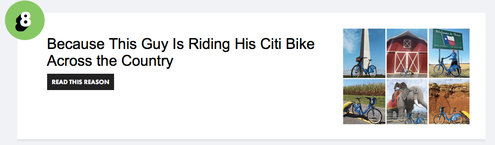 Reason #8 to Love New York in NY Mag's annual review. Also discussed on WNYC at 11:22 mark (Countri Bike was #19 in print).