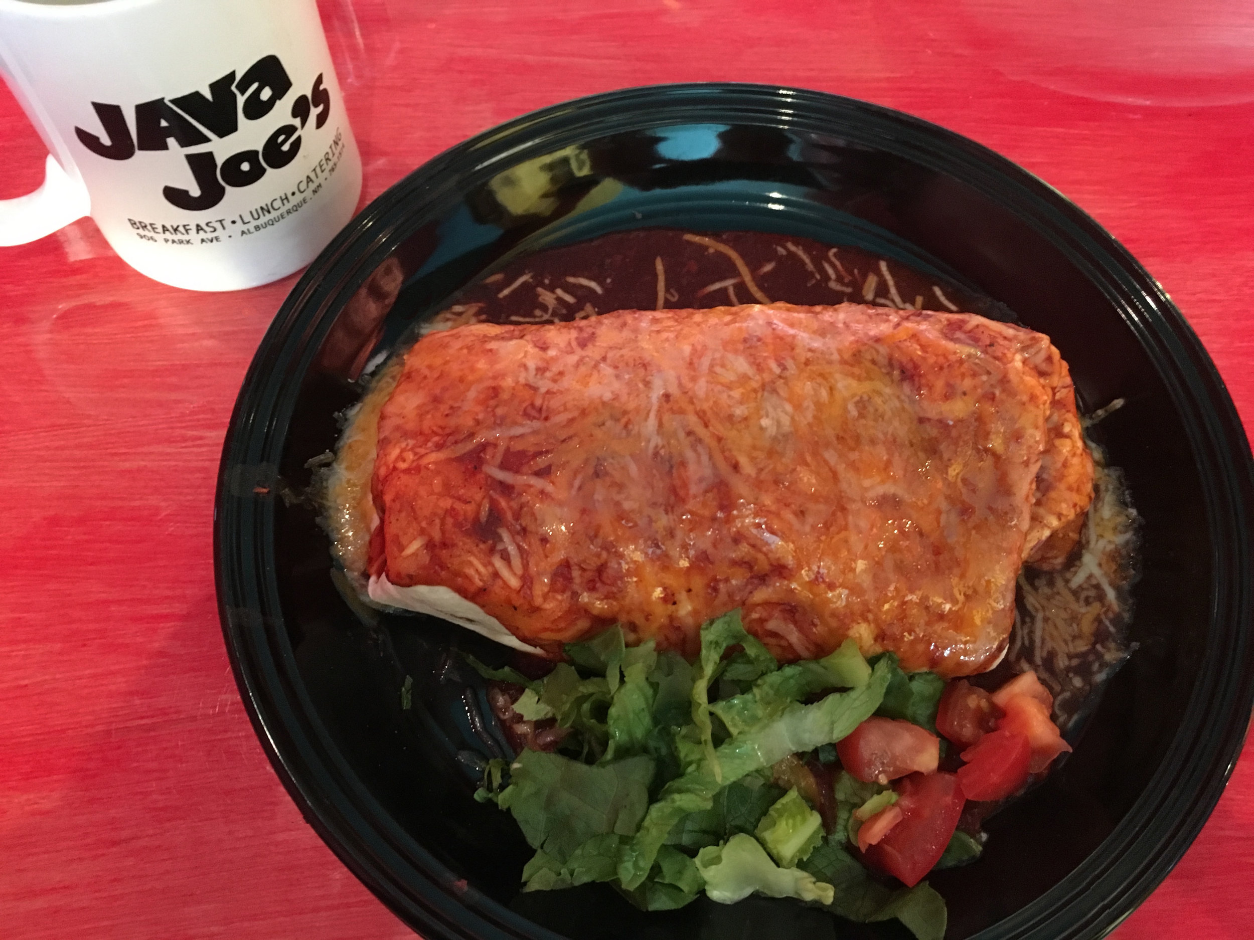 Breakfast burrito at Java Joe's, a building featured in Breaking Bad as Tuco's headquarters.