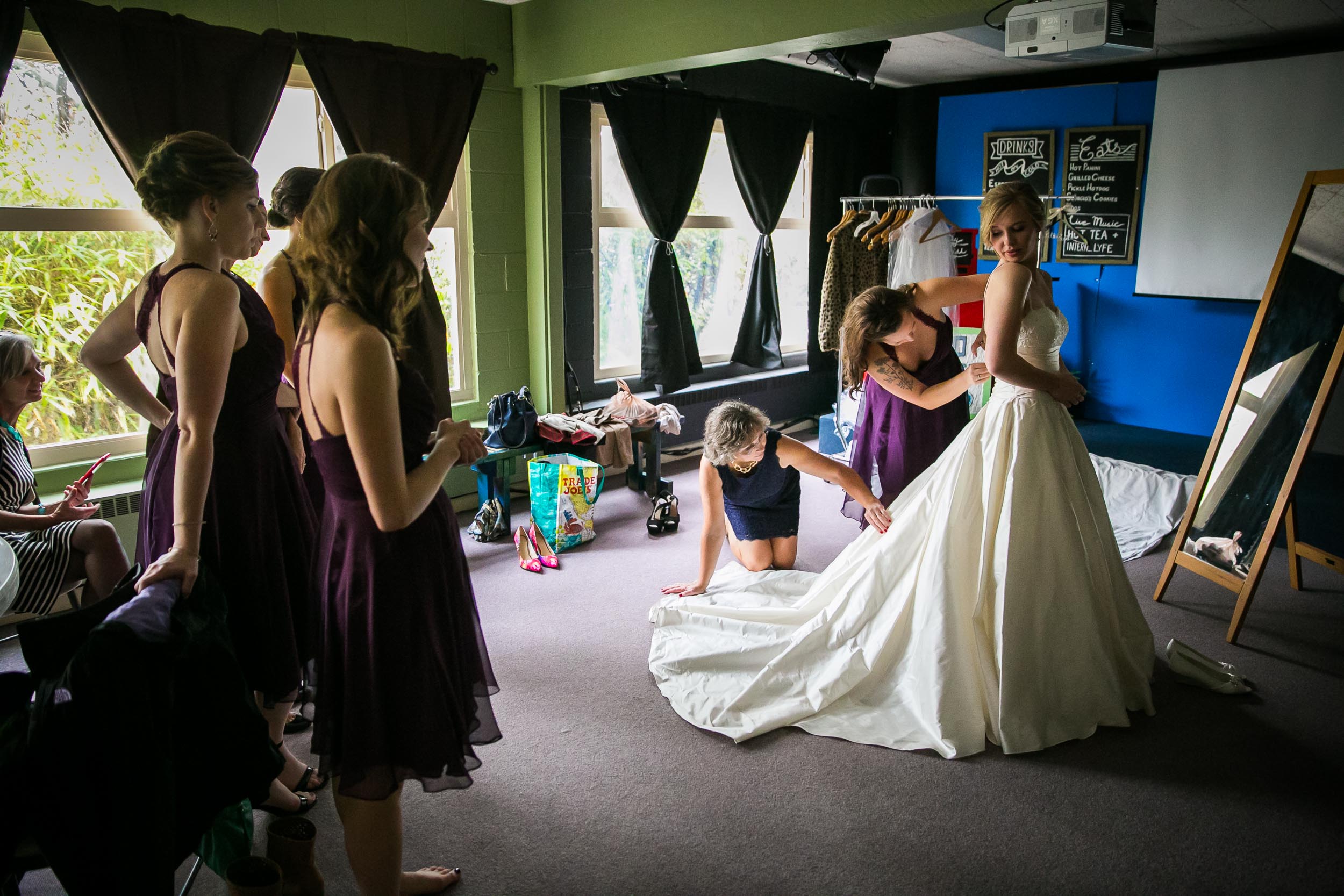 Seattle Community Church Wedding Photography | By G. Lin Photography | Bride trying on wedding gown