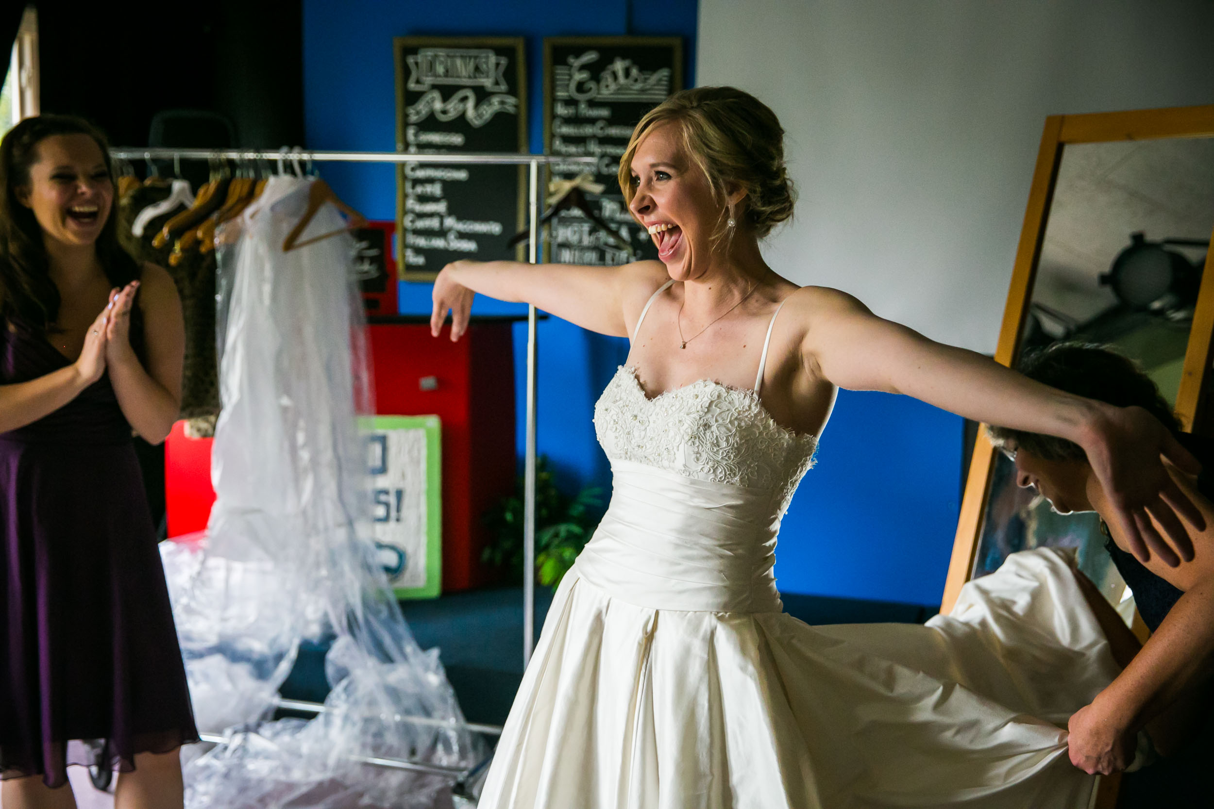 Seattle Community Church Wedding Photography | By G. Lin Photography | Bride with arms wide open