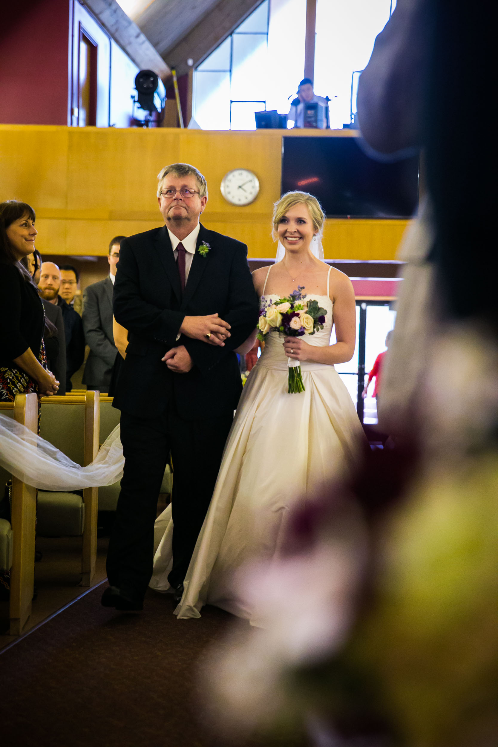 Seattle Community Church Wedding Photography | By G. Lin Photography | Bride walking down aisle