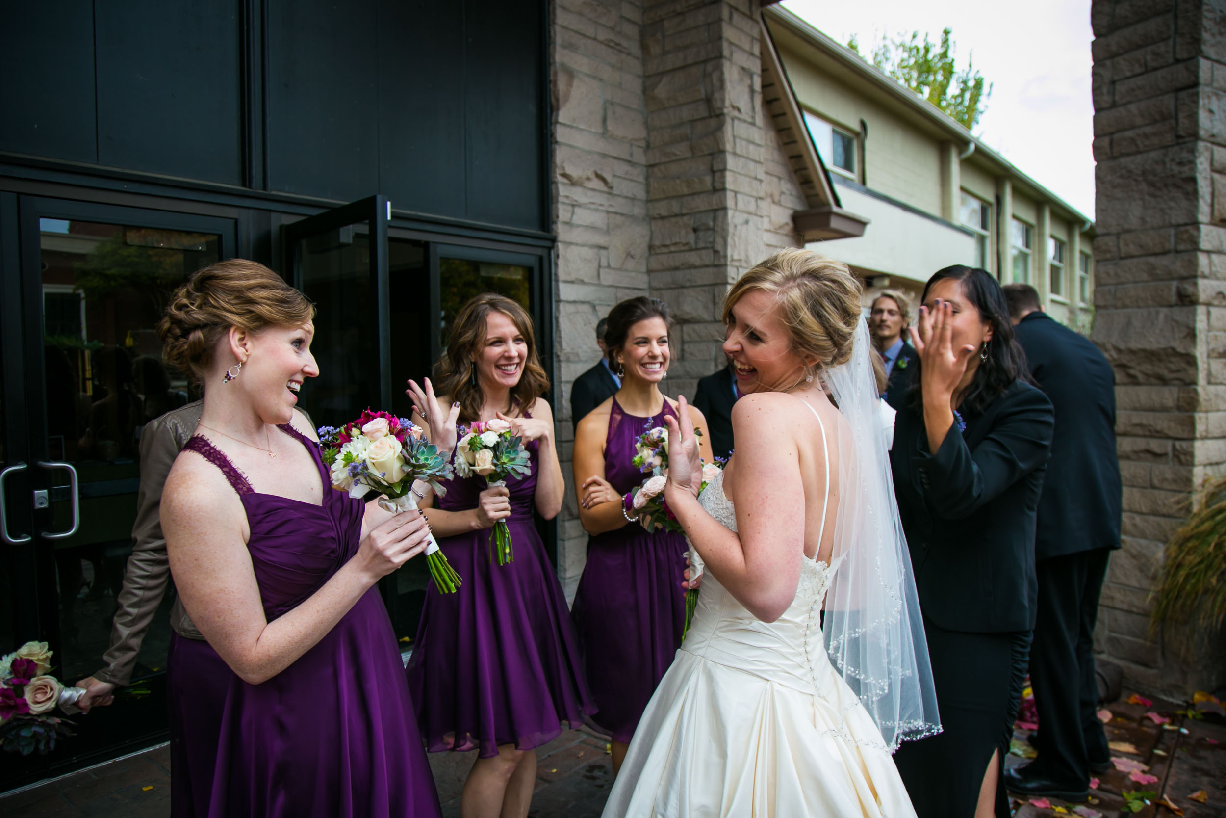Seattle Community Church Wedding Photography | By G. Lin Photography | Bride happy with bridesmaids