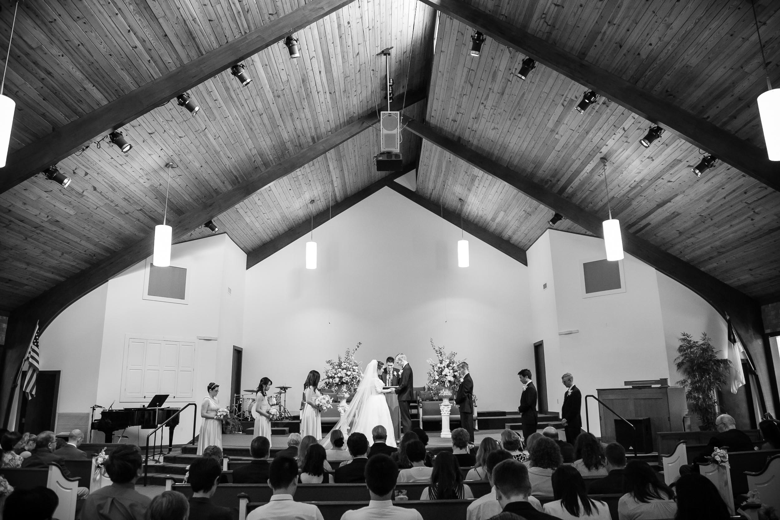 Campbell Lodge Wedding Photography | G. Lin Photography | Wide shot of church during wedding ceremony