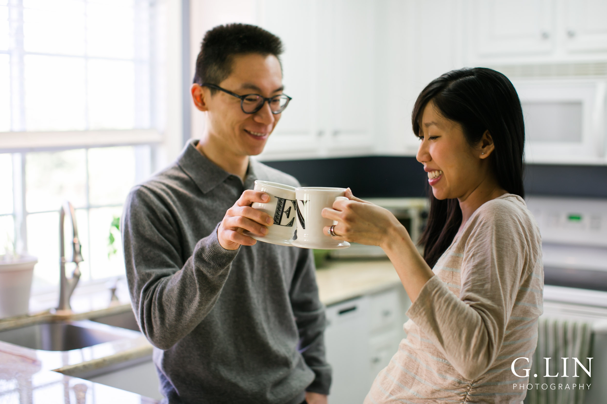 Durham Maternity Photography | G. Lin Photography | Couple drinking from mugs in kitchen