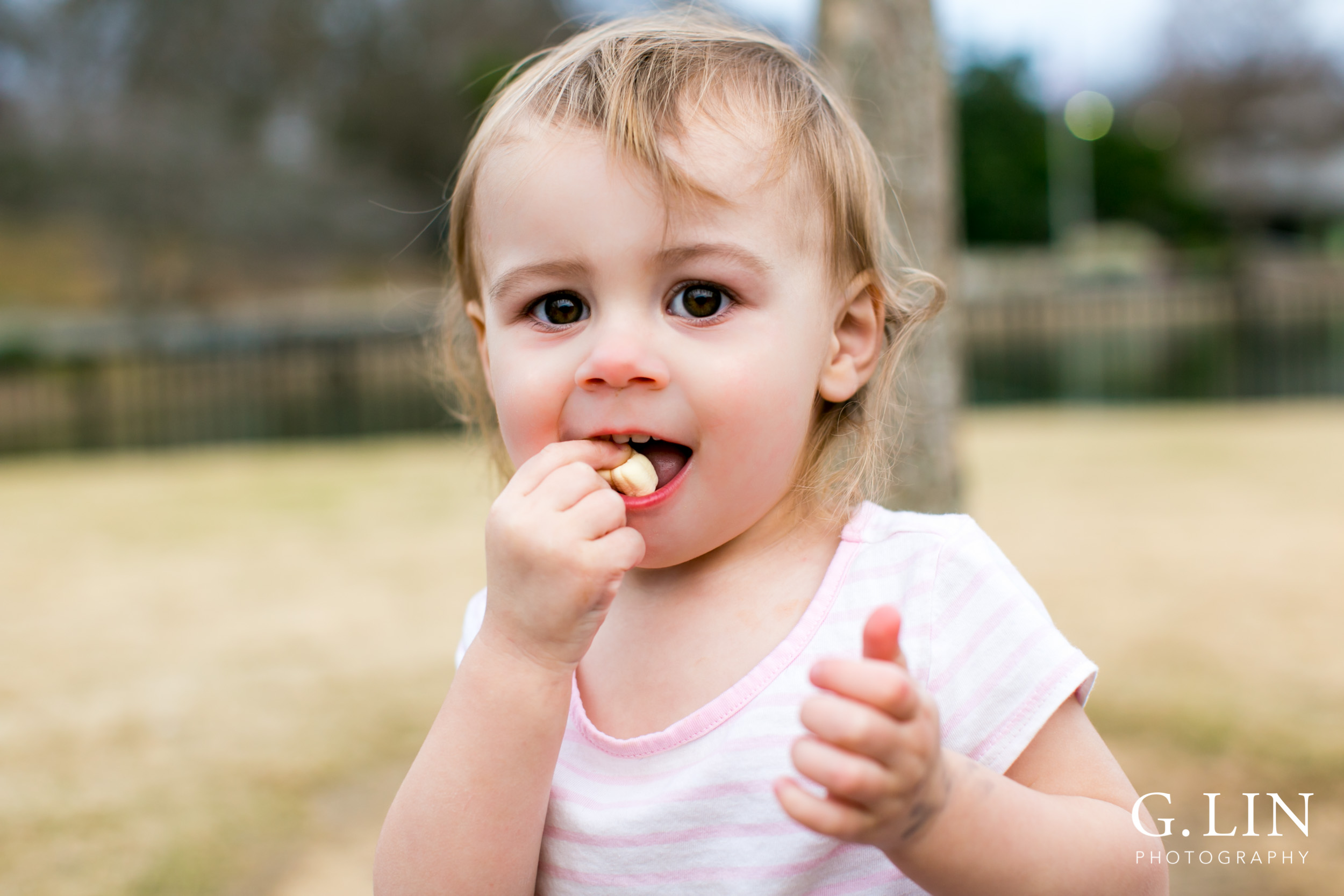 Raleigh Family Photographer | G. Lin Photography | Girl eating marshmallow sitting on the ground