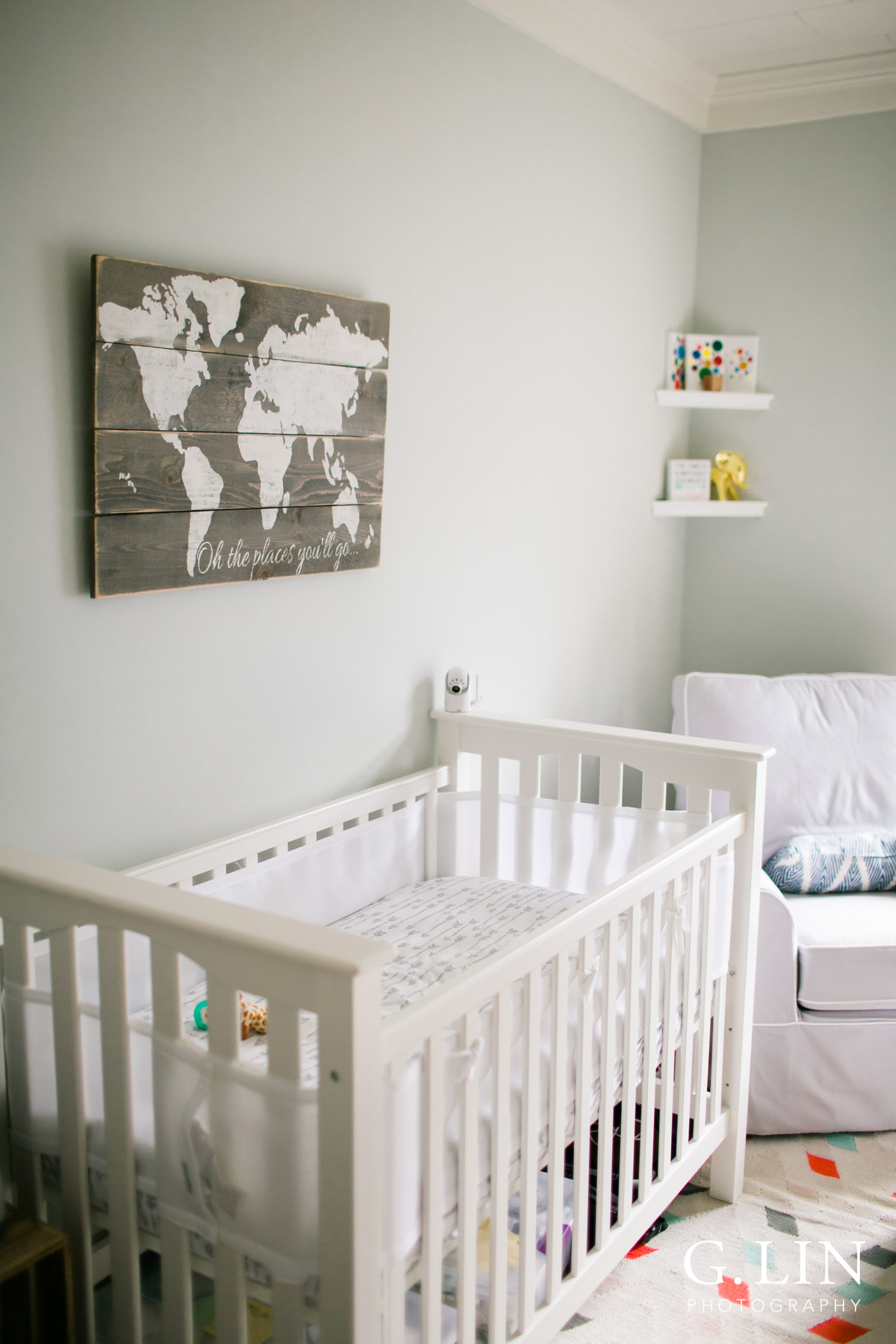 Durham Family Photographer | G. Lin Photography | Modern nursery with travel theme