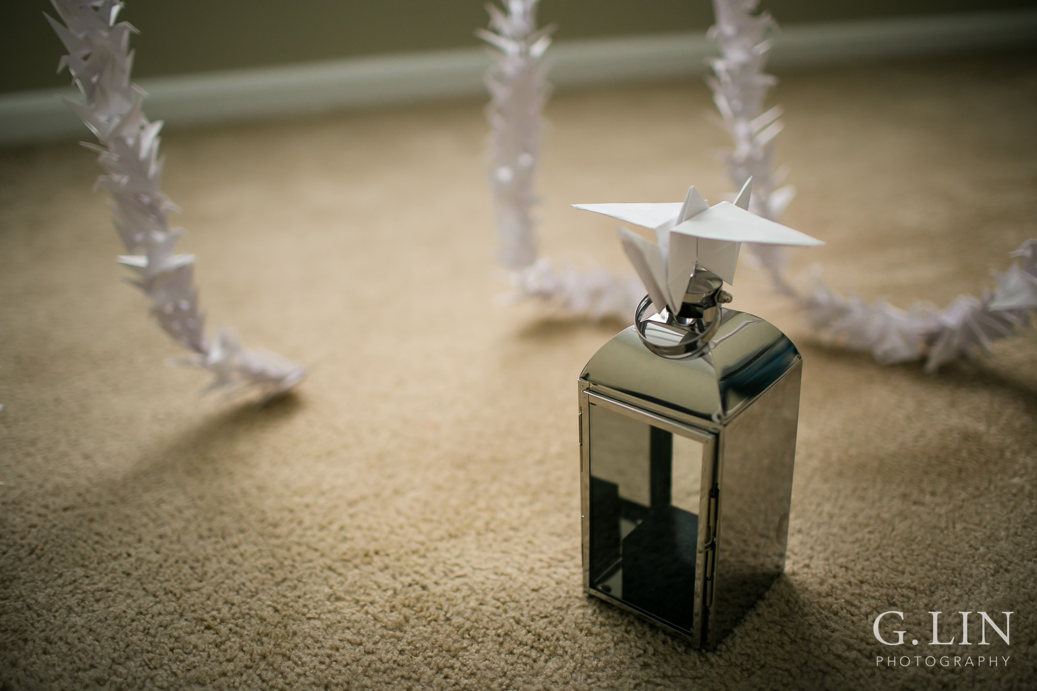 Paper crane on top of lantern | Raleigh Engagement Photographer | By G. Lin Photography