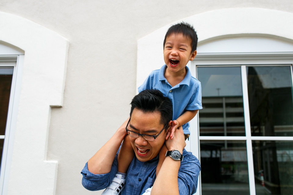 Son riding on dad's shoulders | Durham Family Photographer | By G. Lin Photography