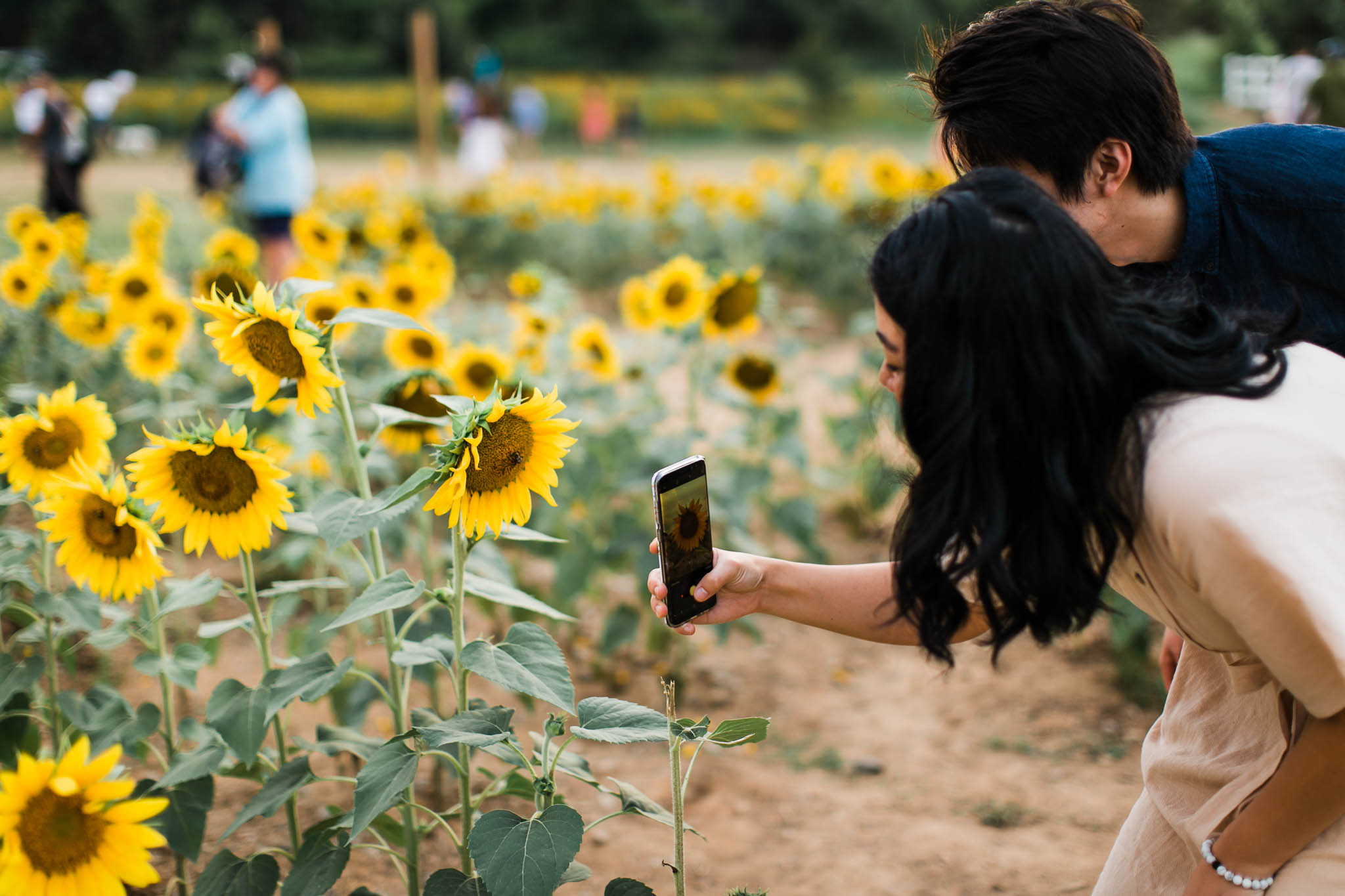 Couple taking sunflower pictures at Dorothea Dix Park | Raleigh Engagement Photography | By G. Lin Photography