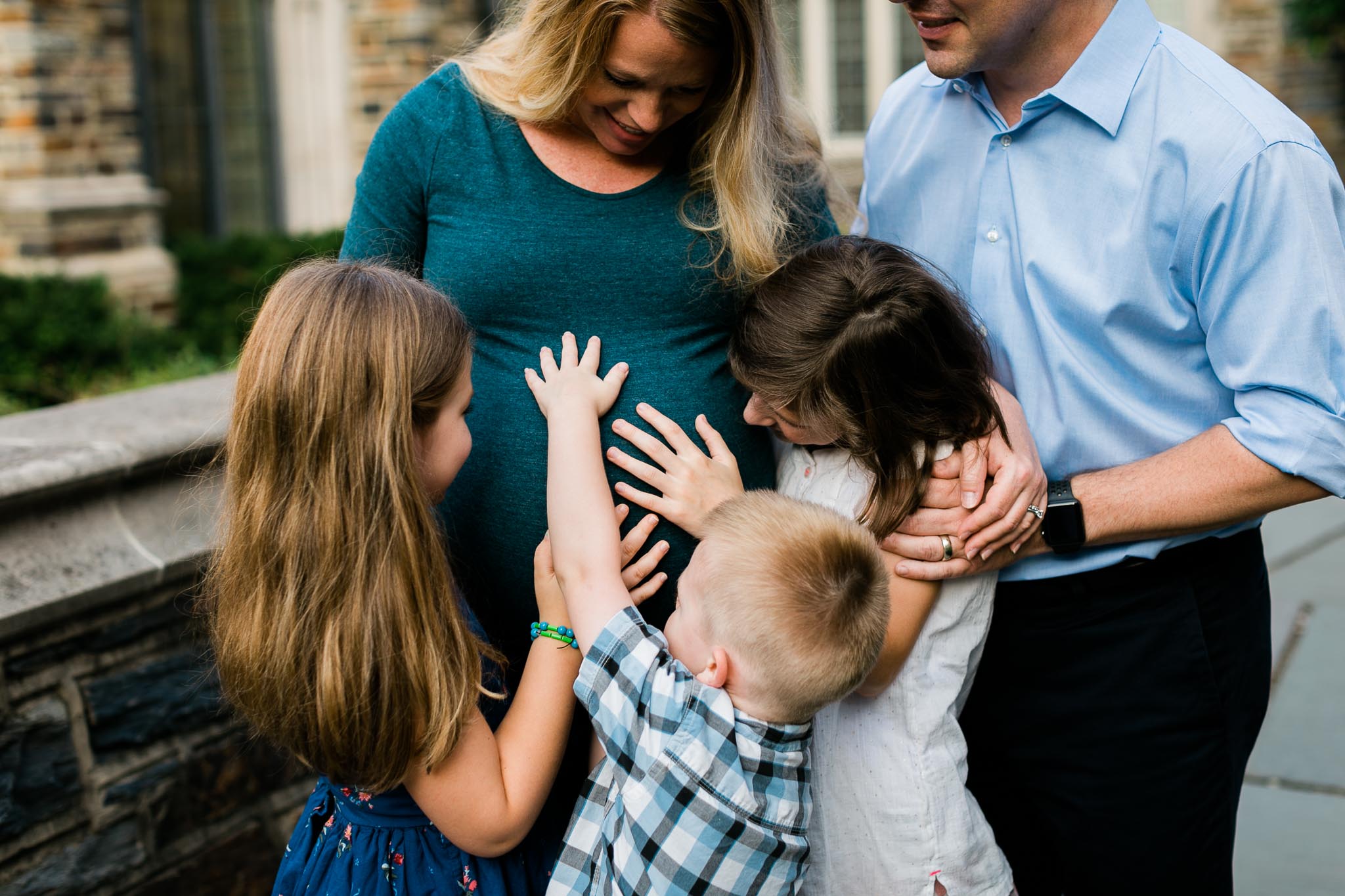 Children touching mama's belly | Durham Maternity Photographer | By G. Lin Photography