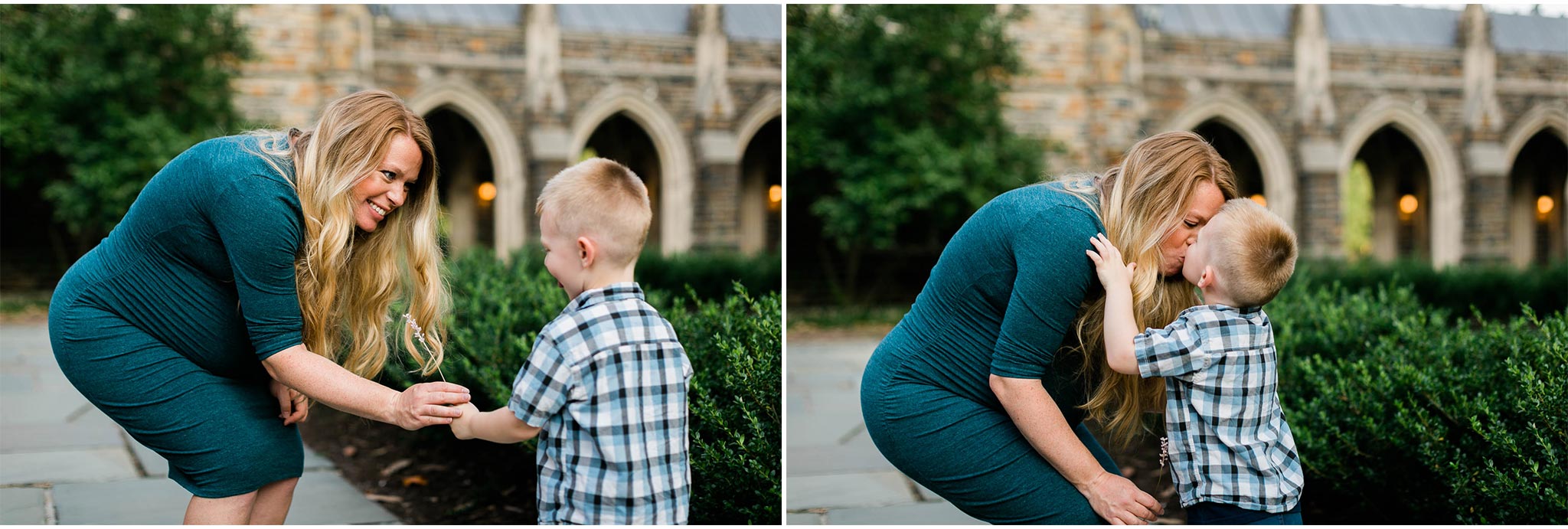 Young boy handing flower to mom | Durham Maternity Photographer | By G. Lin Photography