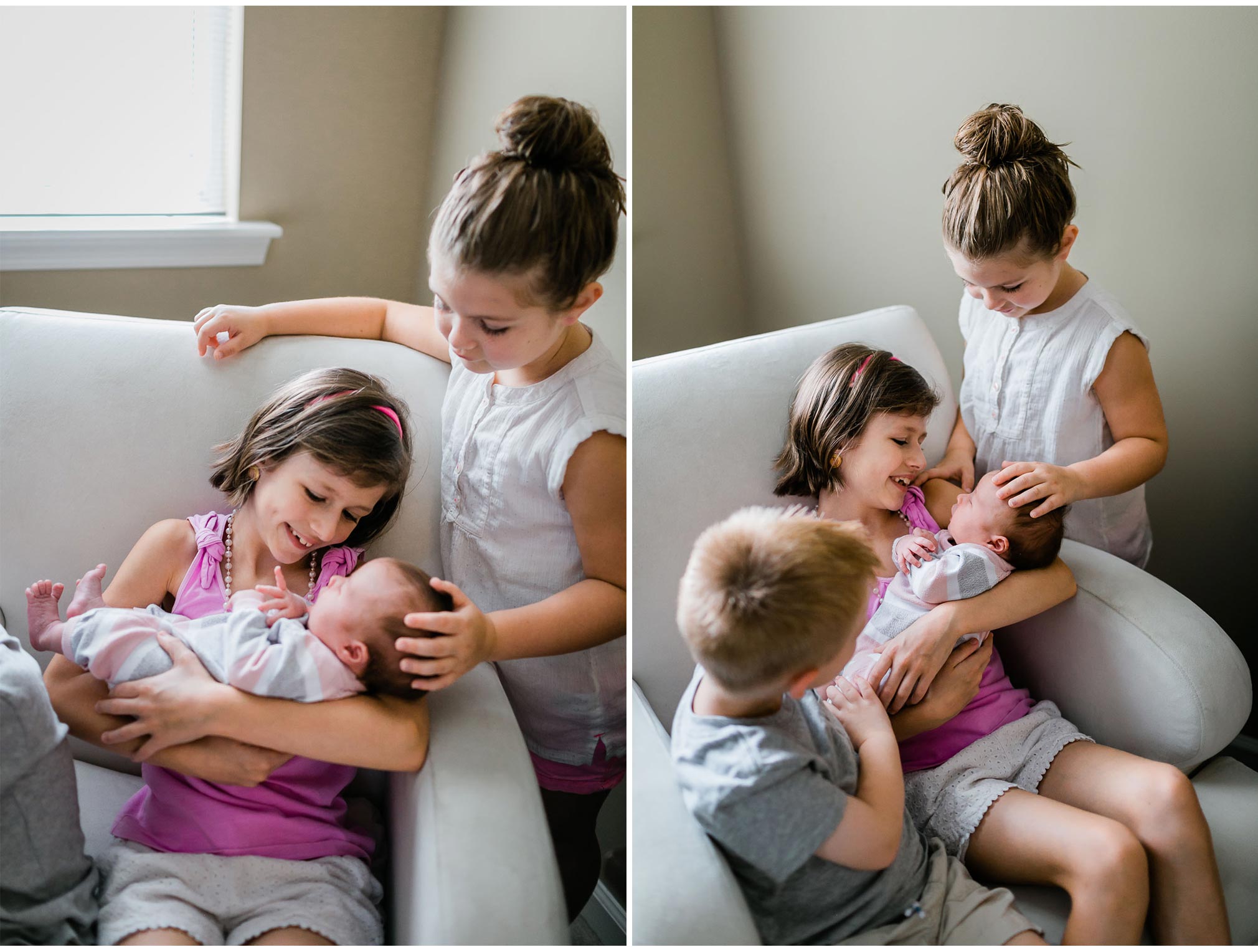 Raleigh Newborn Photographer | By G. Lin Photography | Siblings holding baby sister by window