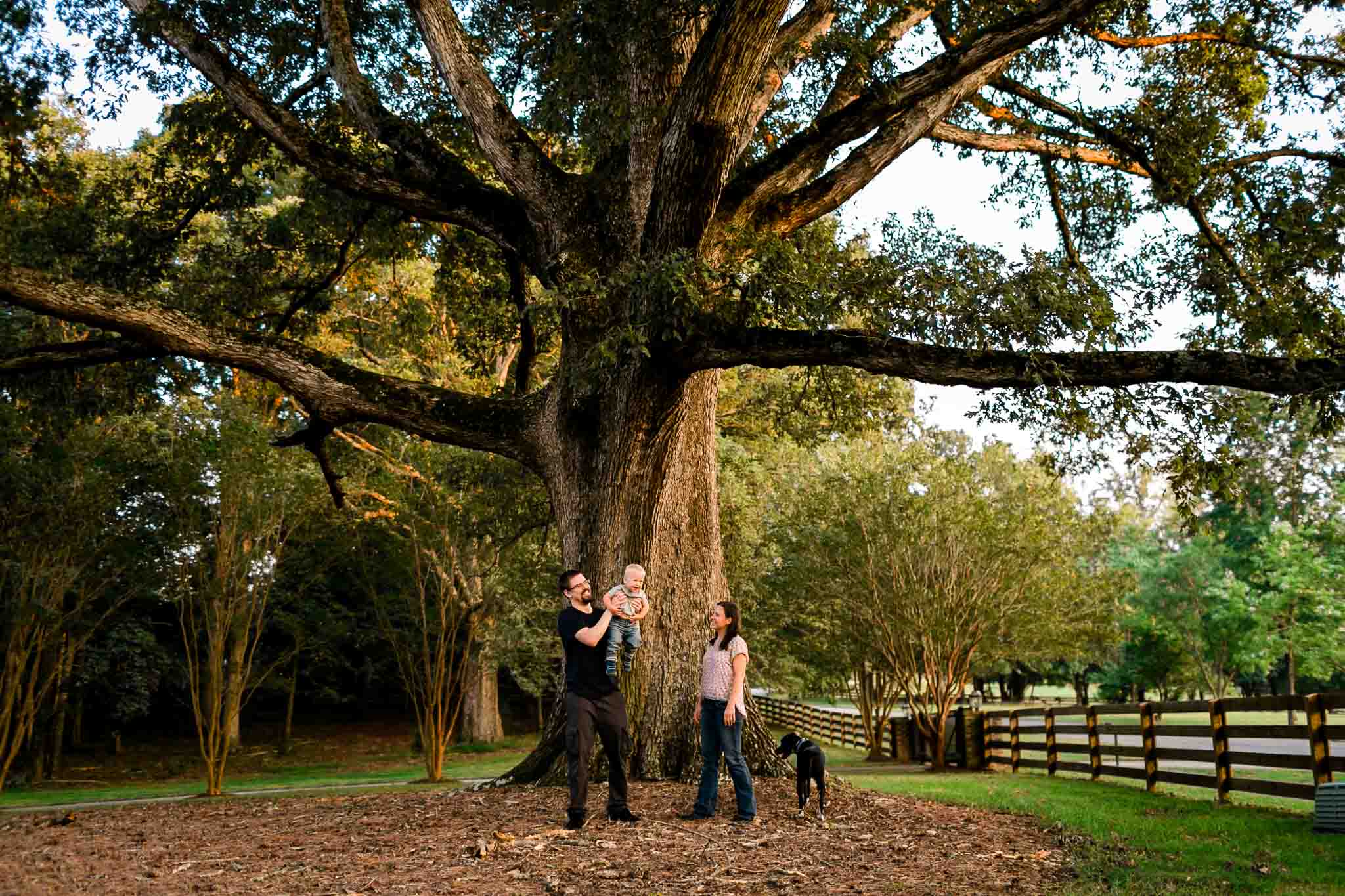 Family portrait by oak tree | By G. Lin Photography | Durham Family Photographer