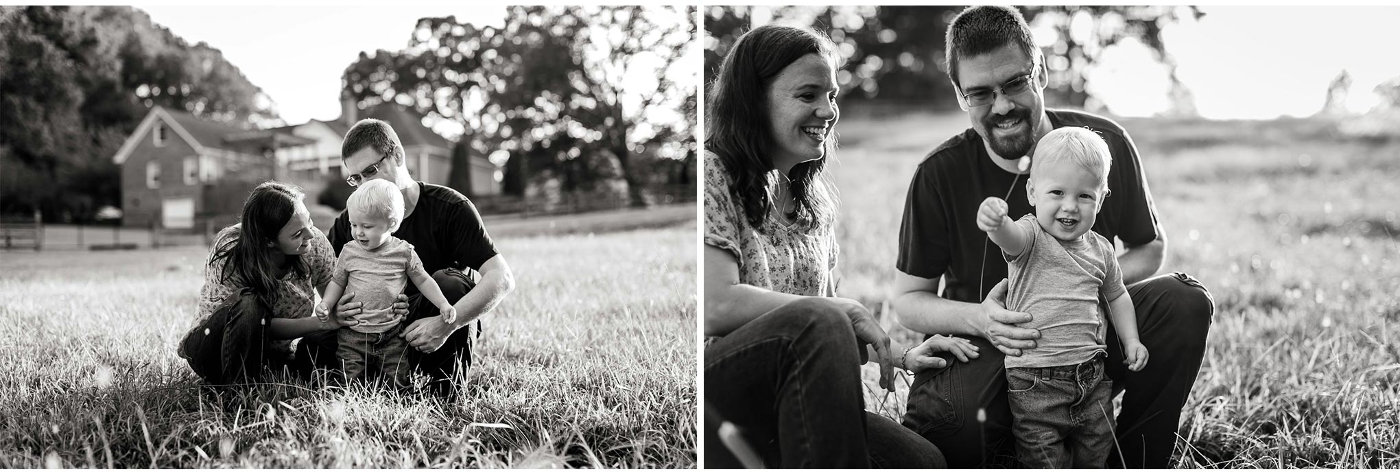 Black and white family photos outdoors on farm | By G. Lin Photography | Durham Family Photographer