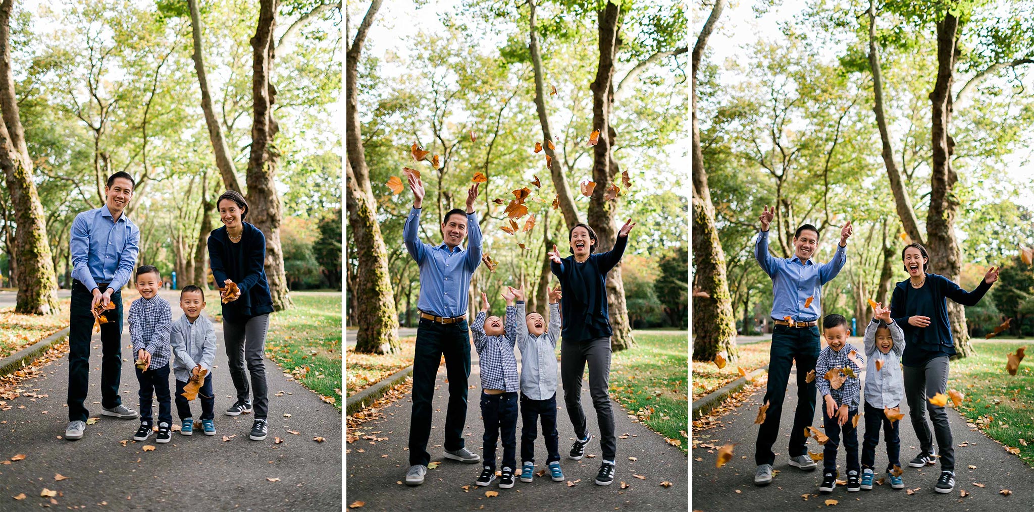 Family throwing leaves in the air at UW campus | Seattle Family Photographer | By G. Lin Photography