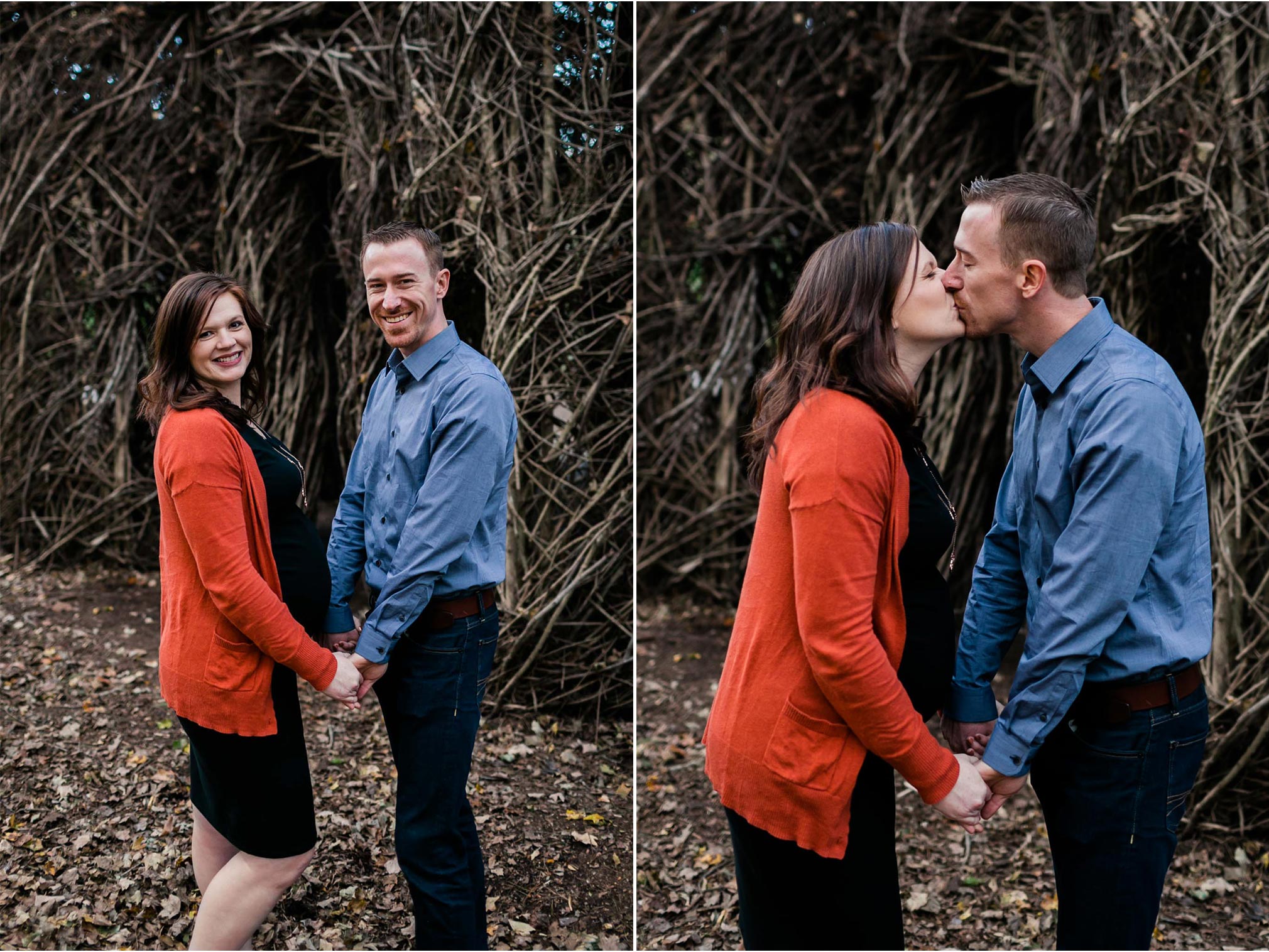 Couple standing with Twig Sculpture at Hillsborough Riverwalk | Durham Maternity Photographer | by G. Lin Photography