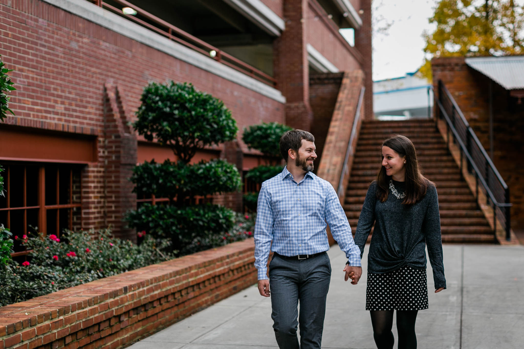 Couple walking in Downtown Durham | Durham Family Photographer | By G. Lin Photography