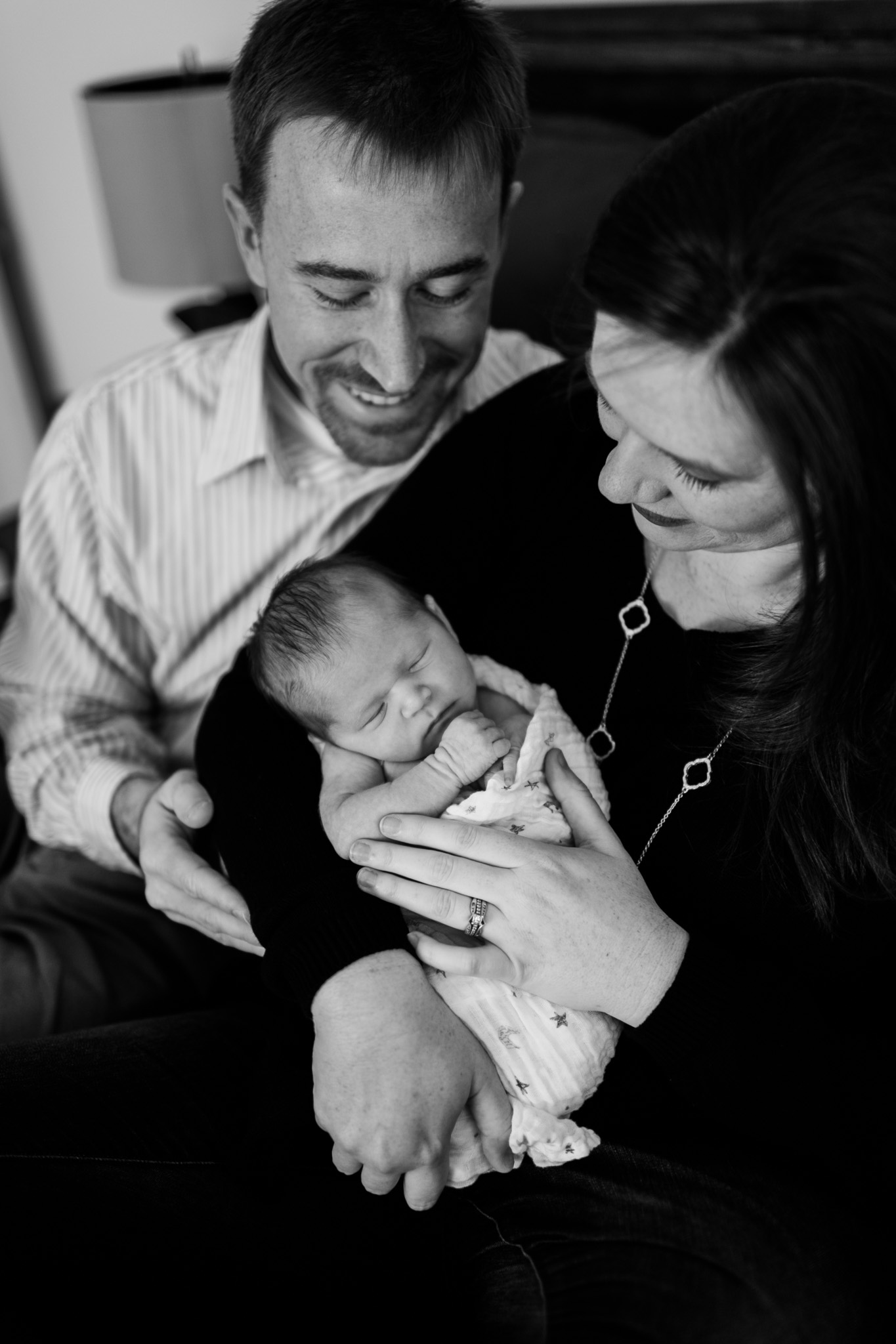 Black and white photo of baby and parents | Raleigh Newborn Photographer | By G. Lin Photography
