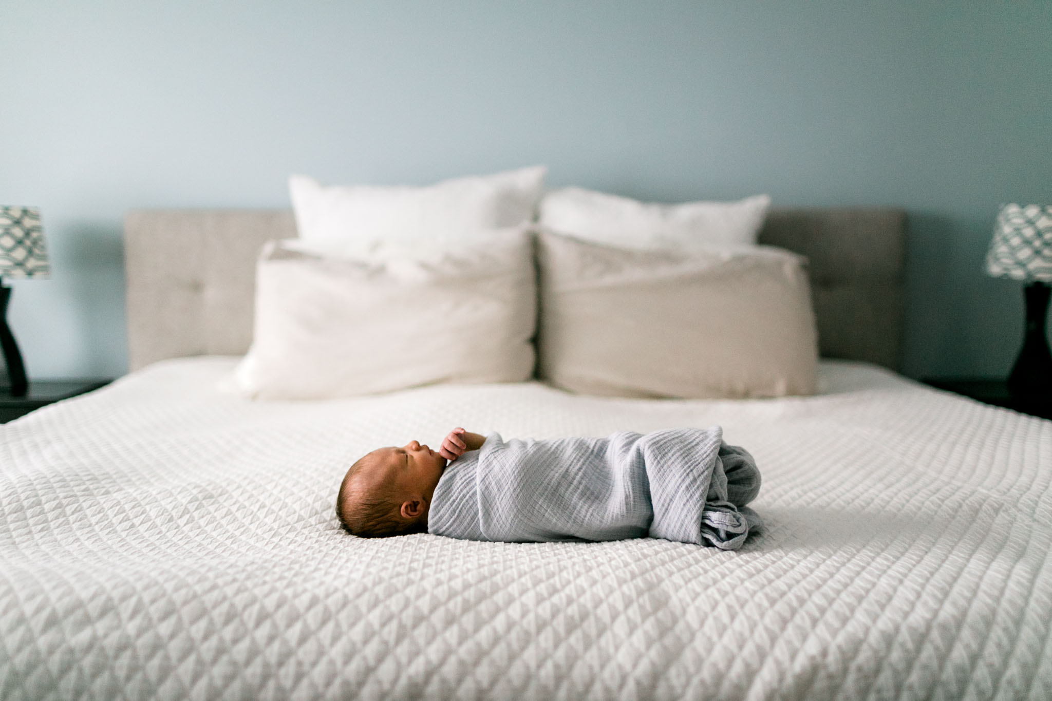 Baby on white bed sleeping | Durham Newborn Photographer | By G. Lin Photography 