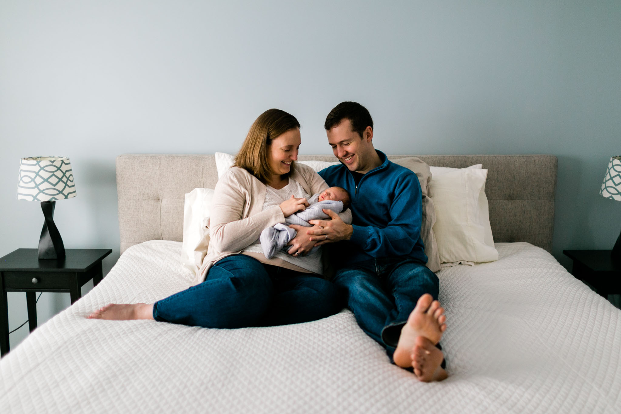 Beautiful family newborn photo on bed | Durham Newborn Photographer | By G. Lin Photography