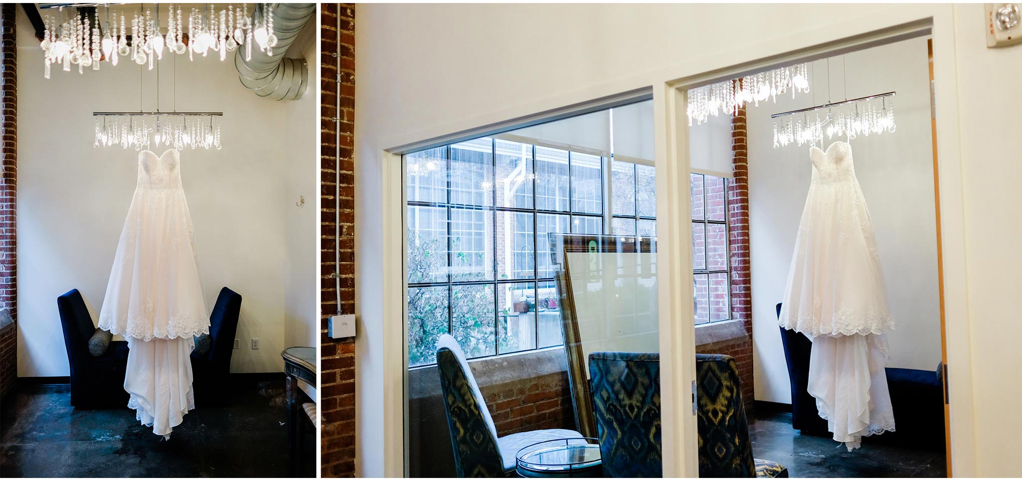 Wedding dress hanging in bridal suite at The Cotton Room | Durham Wedding Photographer | By G. Lin Photography