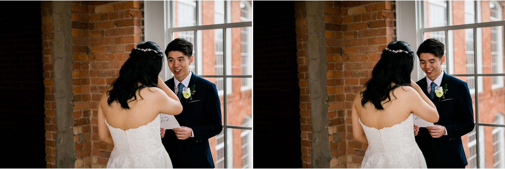 Groom reading letter to bride at The Cotton Room | Durham Wedding Photographer | By G. Lin Photography