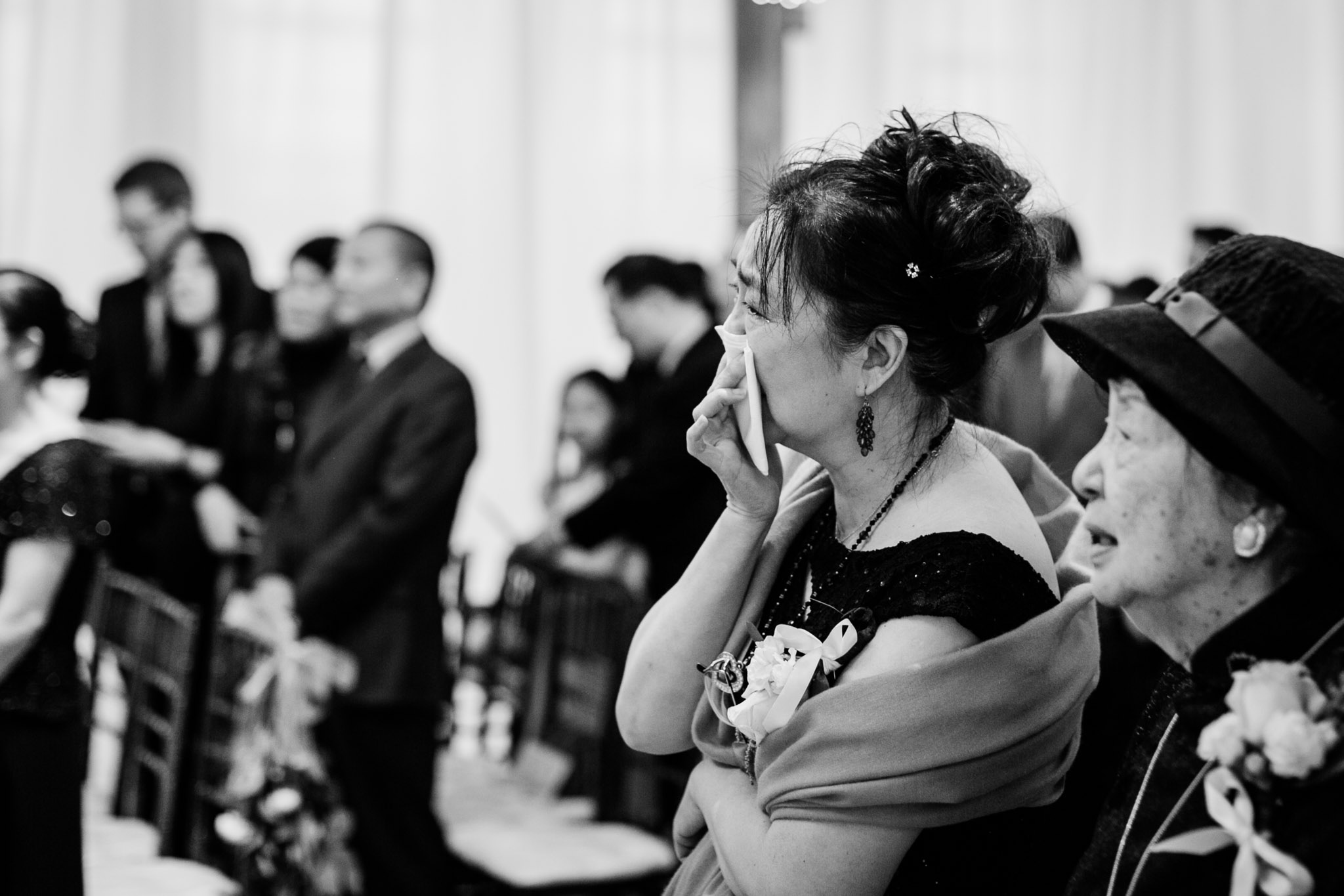 Mother of the bride crying during ceremony | Durham Wedding Photographer | By G. Lin Photography