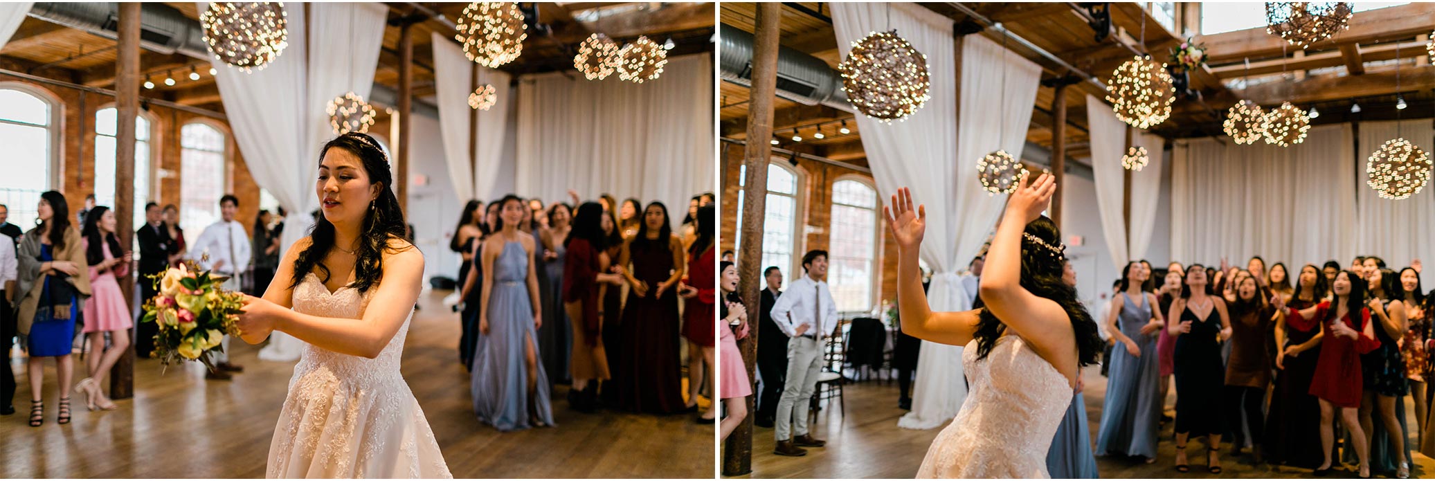 Bouquet toss at The Cotton Room | Durham Event Photographer | By G. Lin Photography
