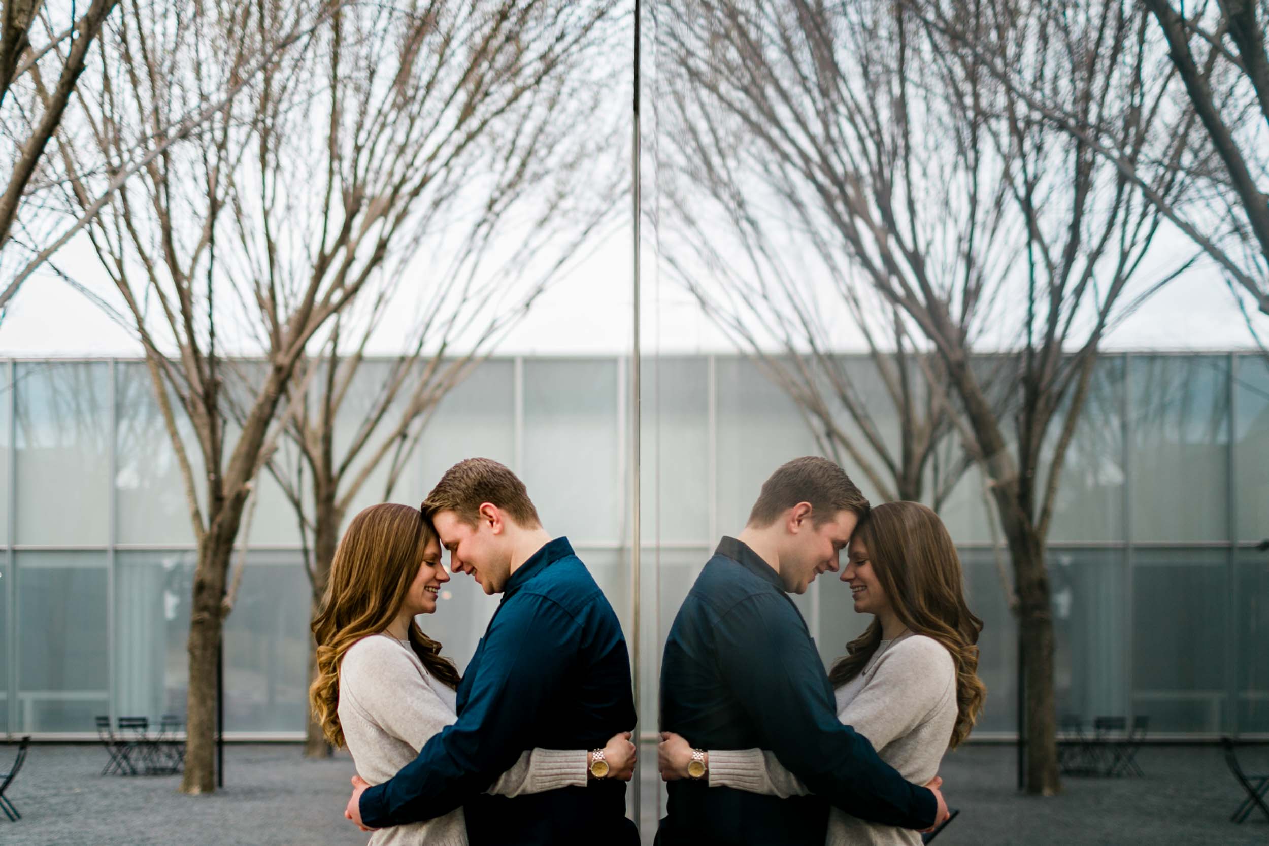 Engagement portrait of couple and reflection | Durham Wedding Photographer | By G. Lin Photography