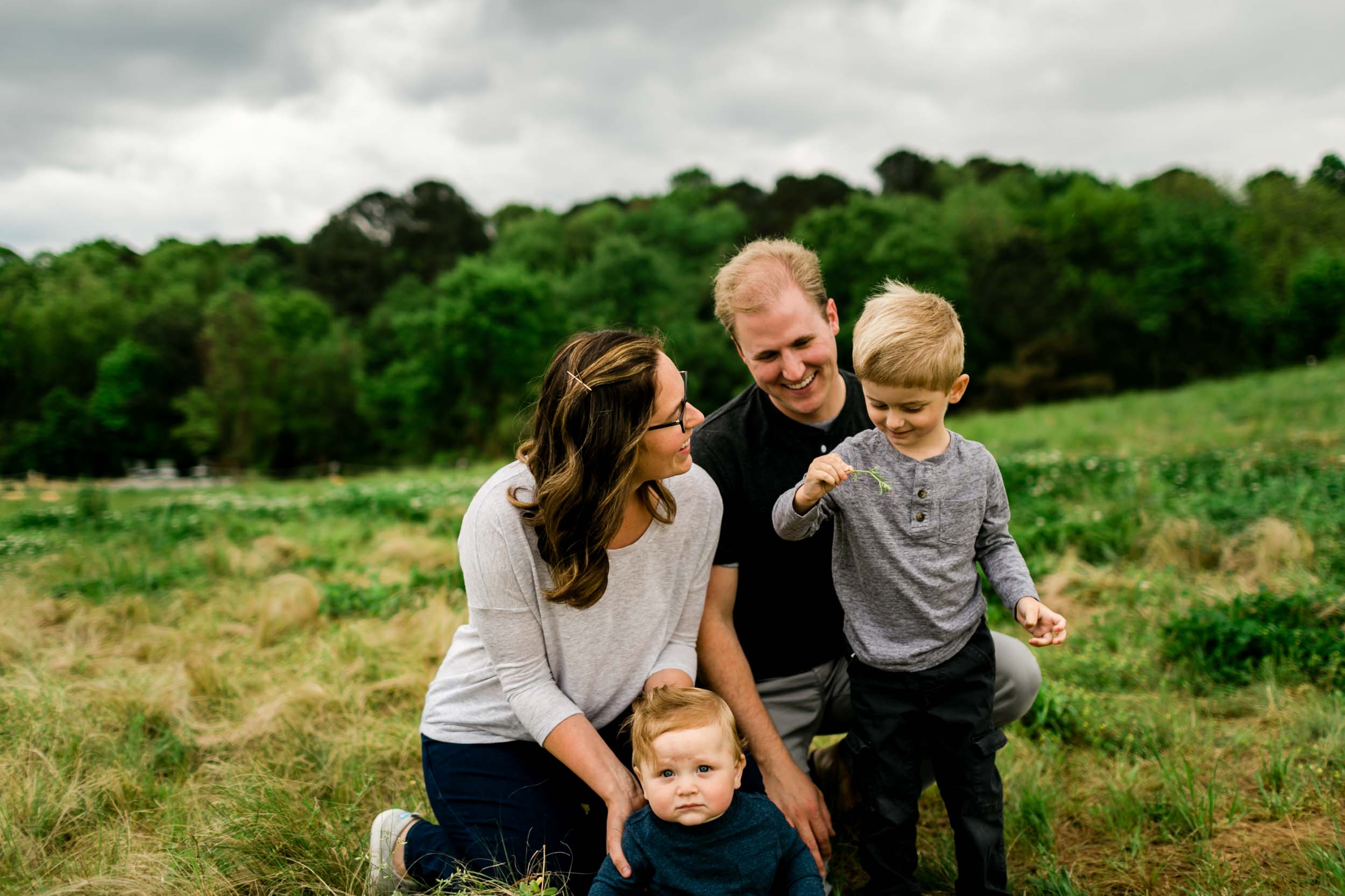 Organic family photo outside during spring time | Durham Family Photographer | By G. Lin Photography