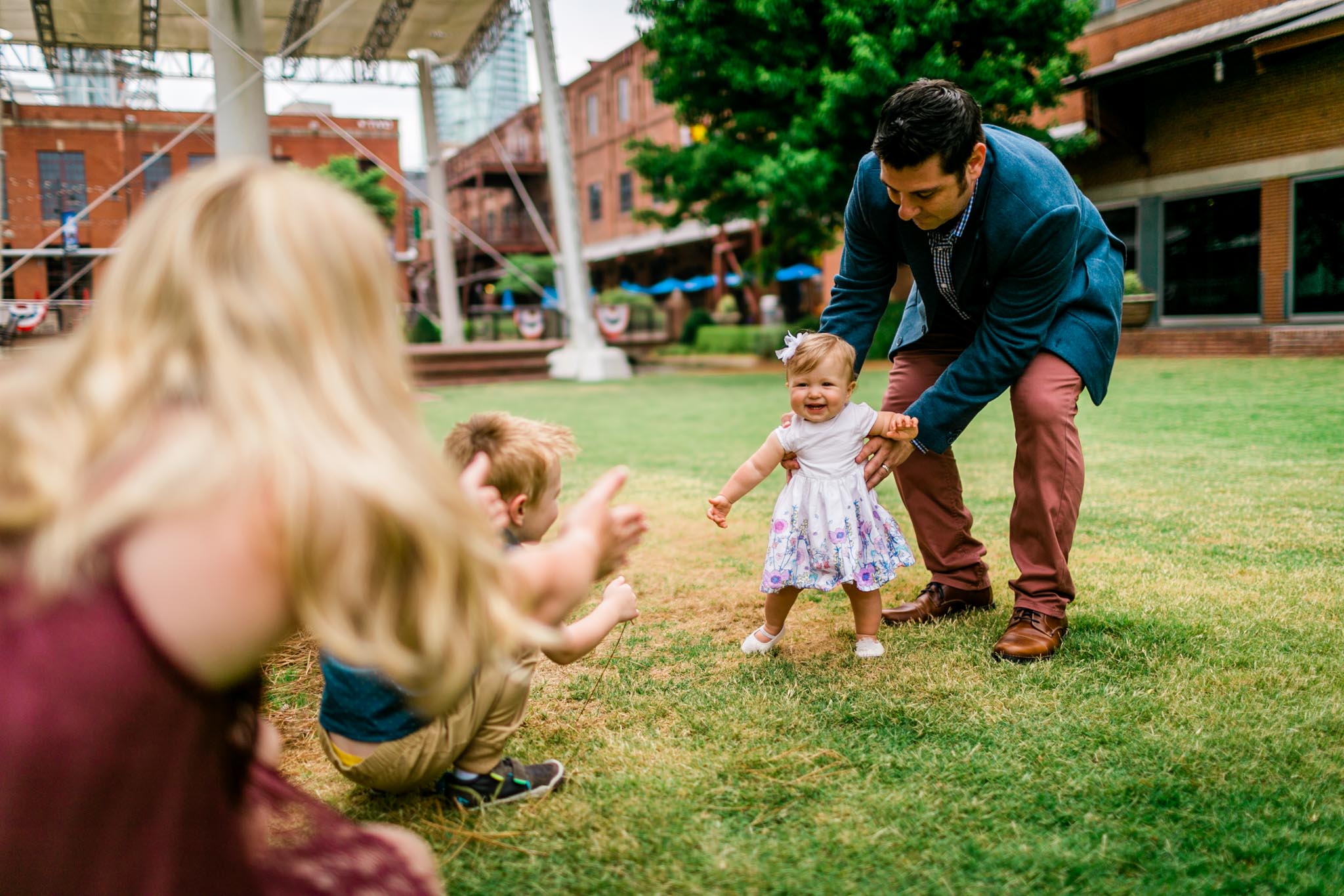 Durham Family Photographer | By G. Lin Photography | Baby girl taking first steps towards mom