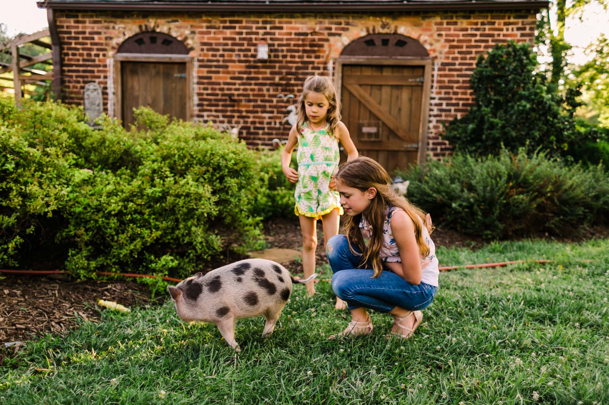 Durham Family Photographer | By G. Lin Photography | Portrait of girls playing with pig spinning around