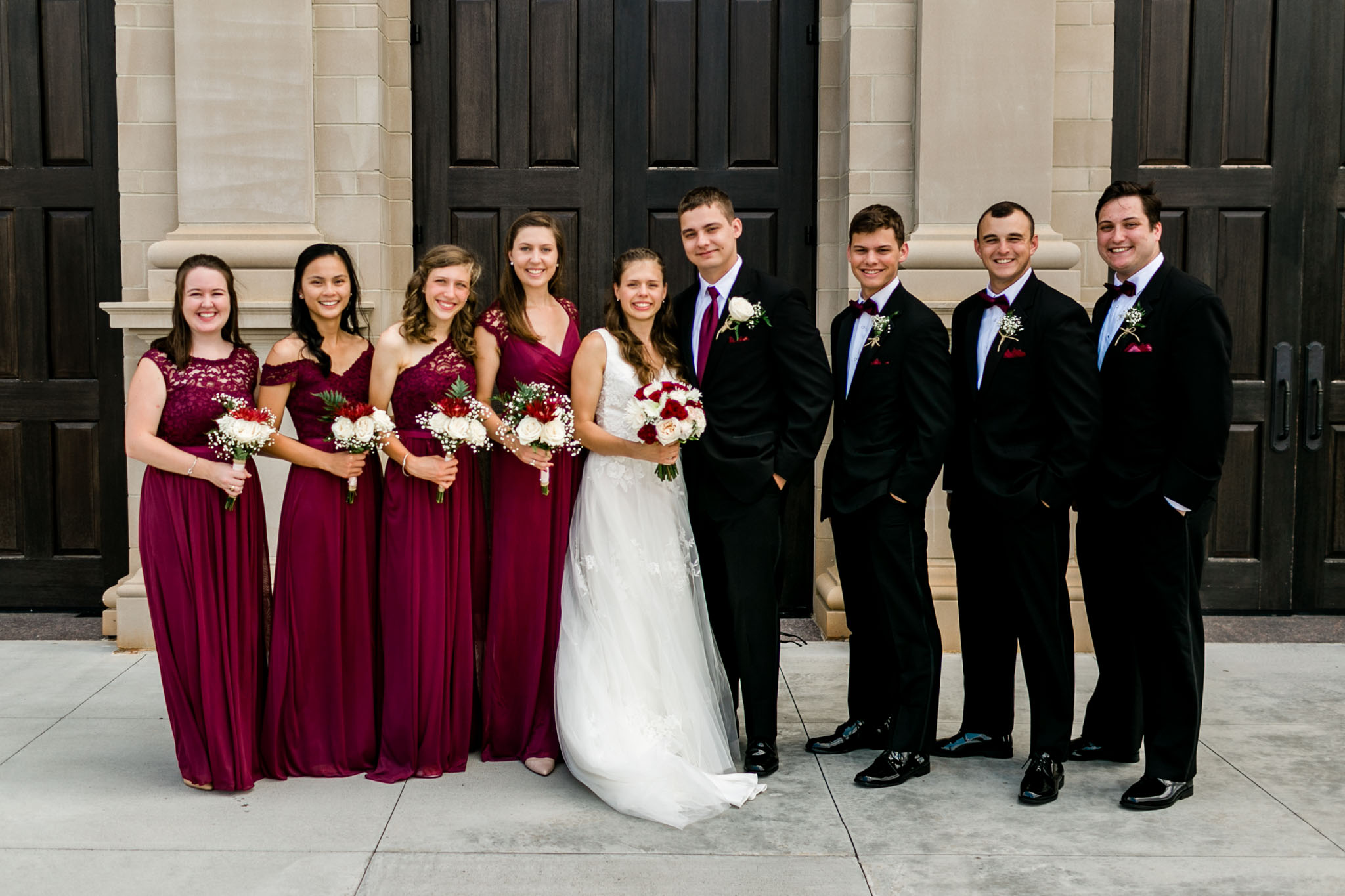 Wedding party photo wine red color scheme | Raleigh Wedding Photographer | By G. Lin Photography