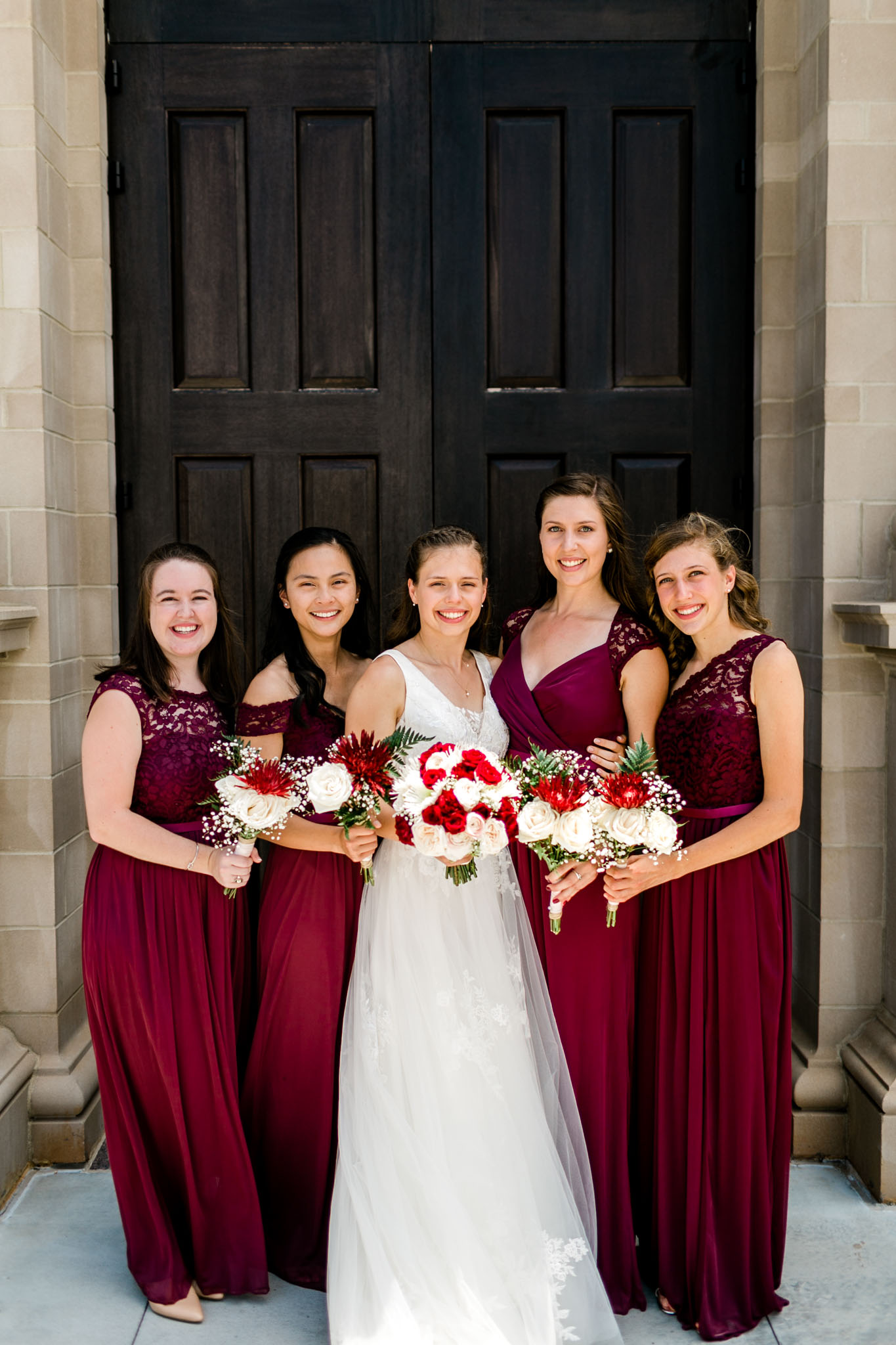 Bridesmaids wearing red wine gowns | Raleigh Wedding Photographer | By G. Lin Photography