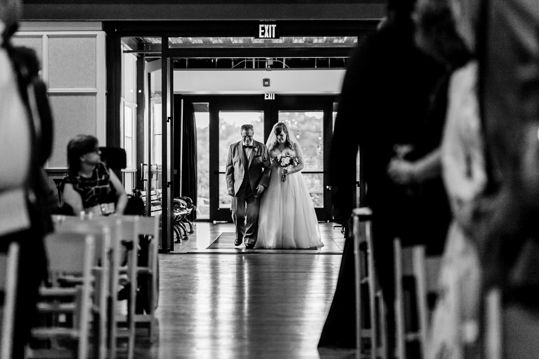 Haw River Ballroom Wedding | Durham Photographer | By G. Lin Photography | Black and white photo of bride with father entering